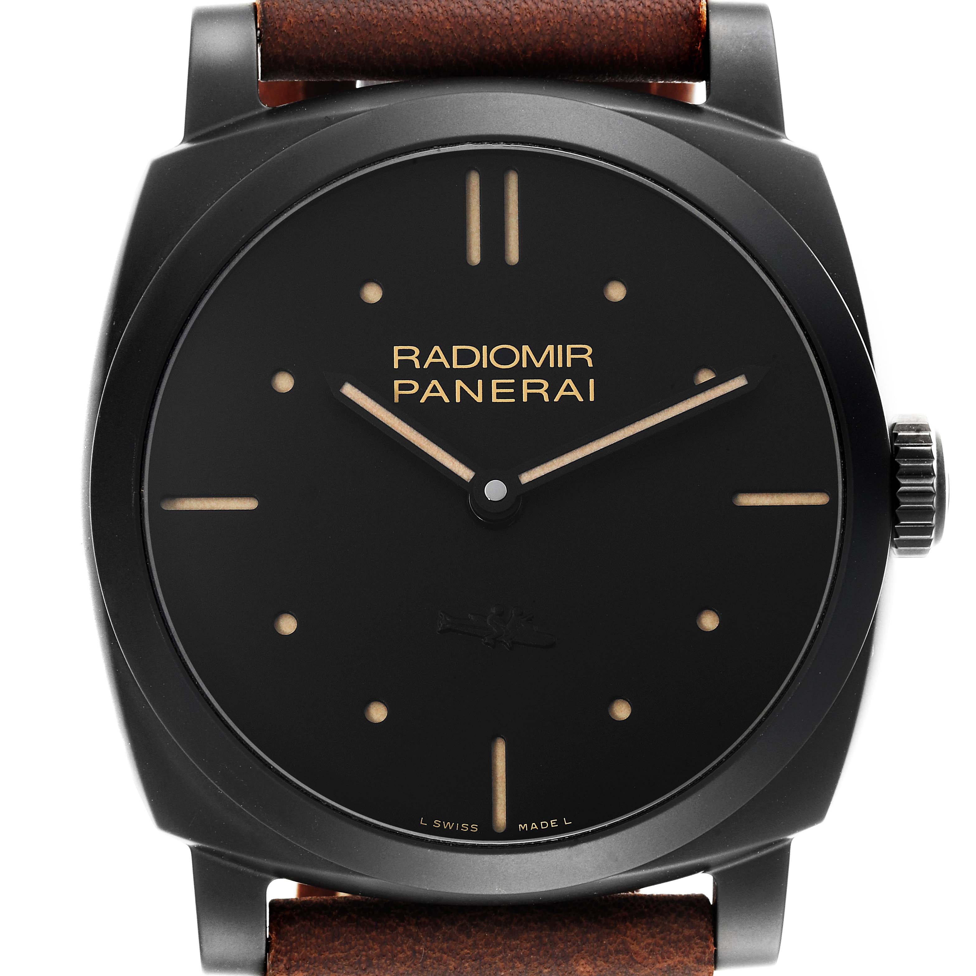 This image shows a front view of a Panerai Radiomir PAM00577 Men's Stainless Steel Black Dial PAM00577 Men's Stainless Steel Black Dial watch, highlighting its dial, hands, and crown.