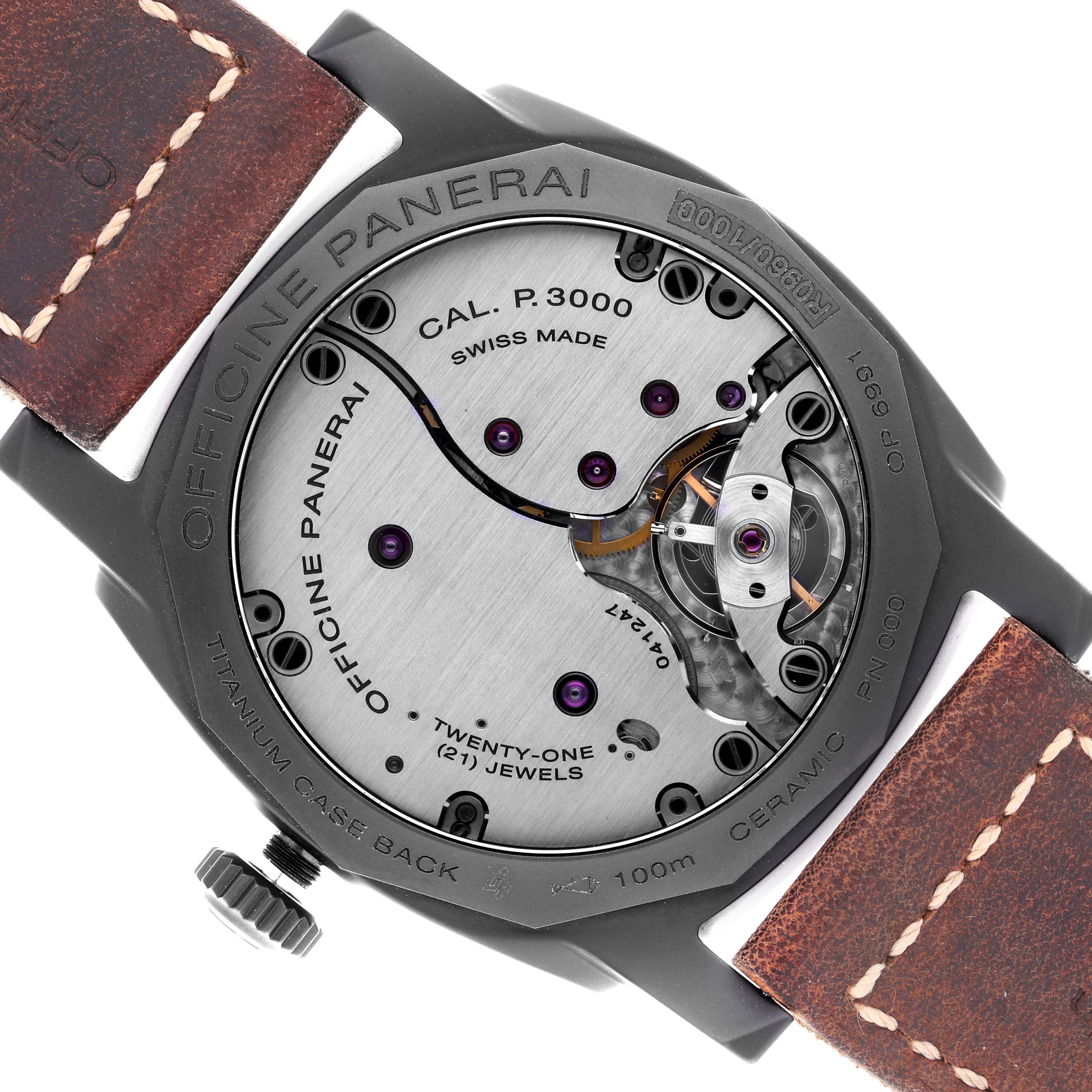 The image shows the back of a Panerai Radiomir PAM00577 Men's Stainless Steel Black Dial PAM00577 Men's Stainless Steel Black Dial watch, revealing its P.3000 movement and brown leather strap.