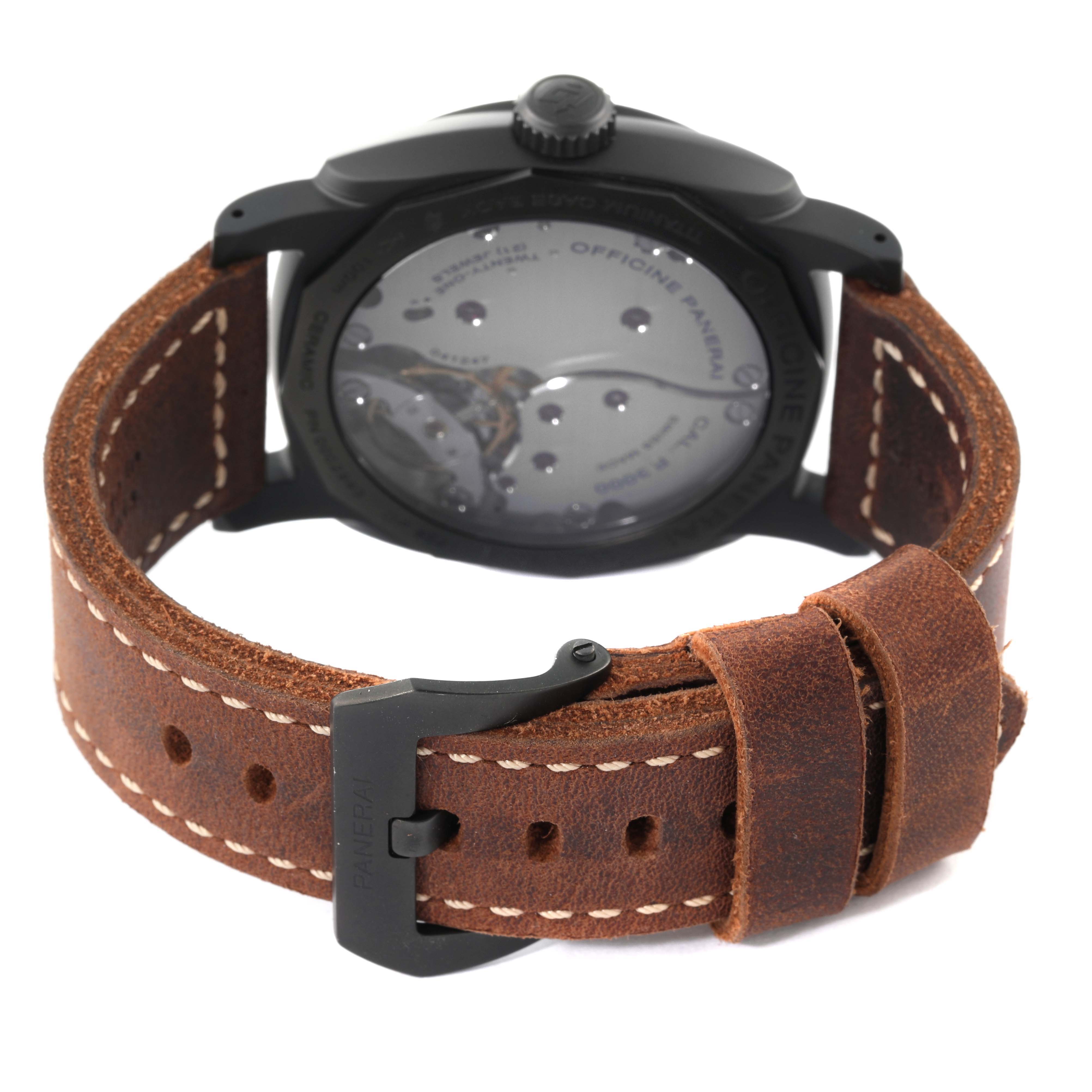 The image shows the back case and leather strap of a Panerai Radiomir PAM00577 Men's Stainless Steel Black Dial PAM00577 Men's Stainless Steel Black Dial watch, viewed from the rear angle.