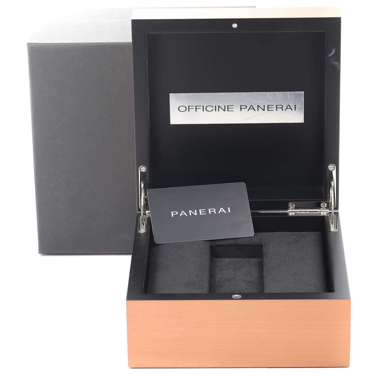 The image shows an open Panerai Radiomir PAM00577 Men's Stainless Steel Black Dial PAM00577 Men's Stainless Steel Black Dial watch box featuring "OFFICINE PANERAI" text and an empty slot for the watch.
