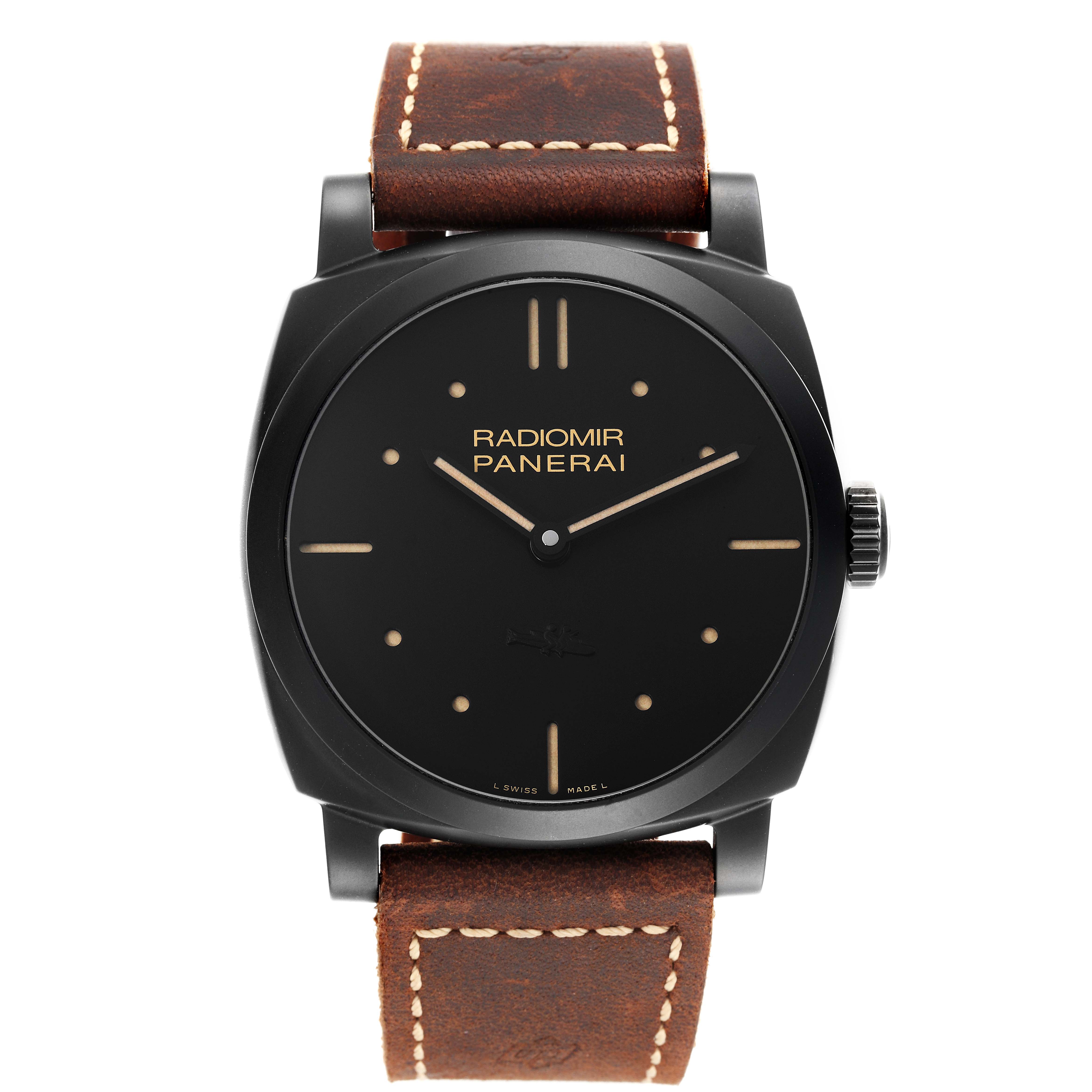 The image shows a front view of a Panerai Radiomir PAM00577 Men's Stainless Steel Black Dial PAM00577 Men's Stainless Steel Black Dial watch with a black dial and brown leather strap.