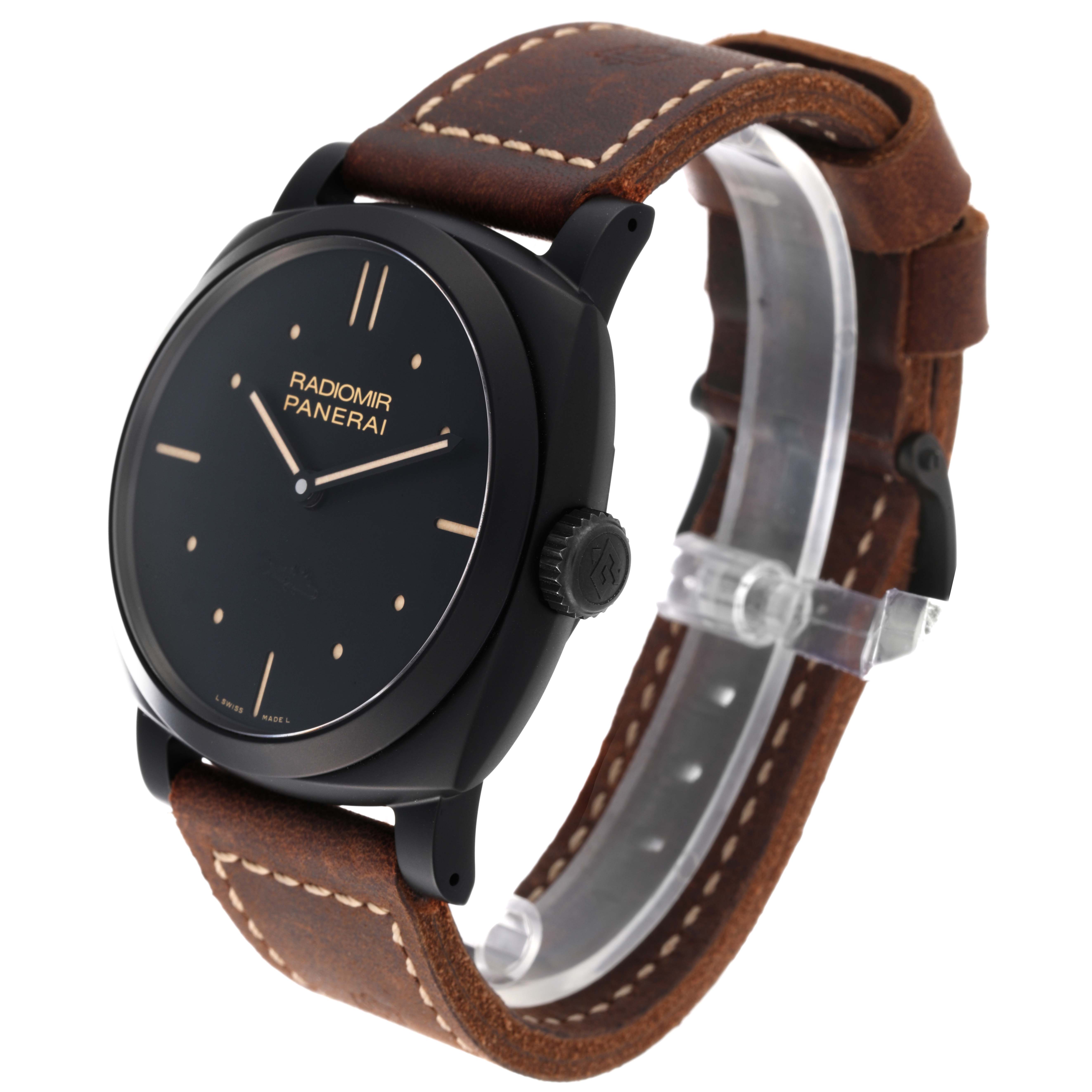 The image shows a side view of a Panerai Radiomir PAM00577 Men's Stainless Steel Black Dial PAM00577 Men's Stainless Steel Black Dial watch featuring a black dial and a brown leather strap.