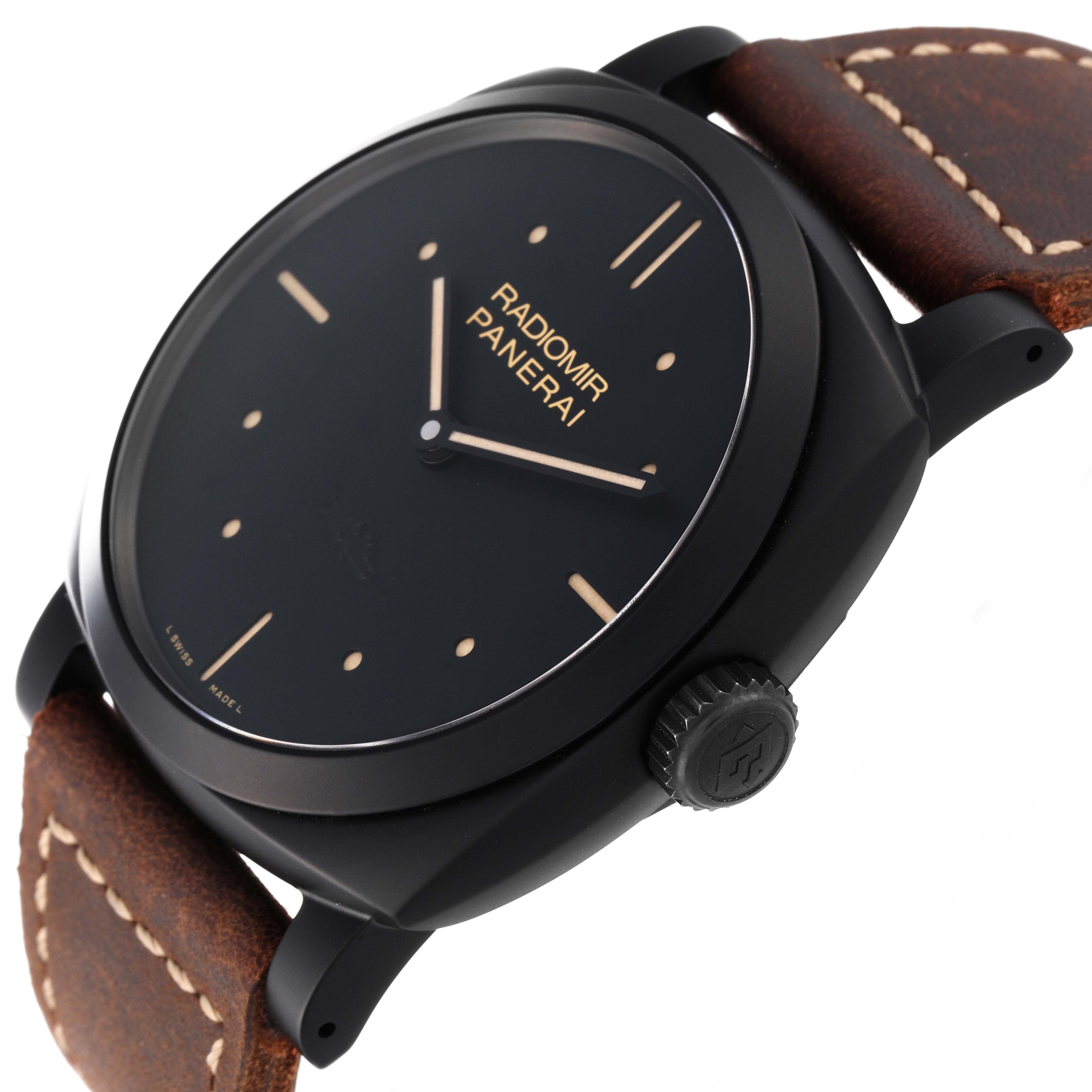 The image shows a side and partial front view of a Panerai Radiomir PAM00577 Men's Stainless Steel Black Dial PAM00577 Men's Stainless Steel Black Dial watch, highlighting its dial, crown, and leather strap.