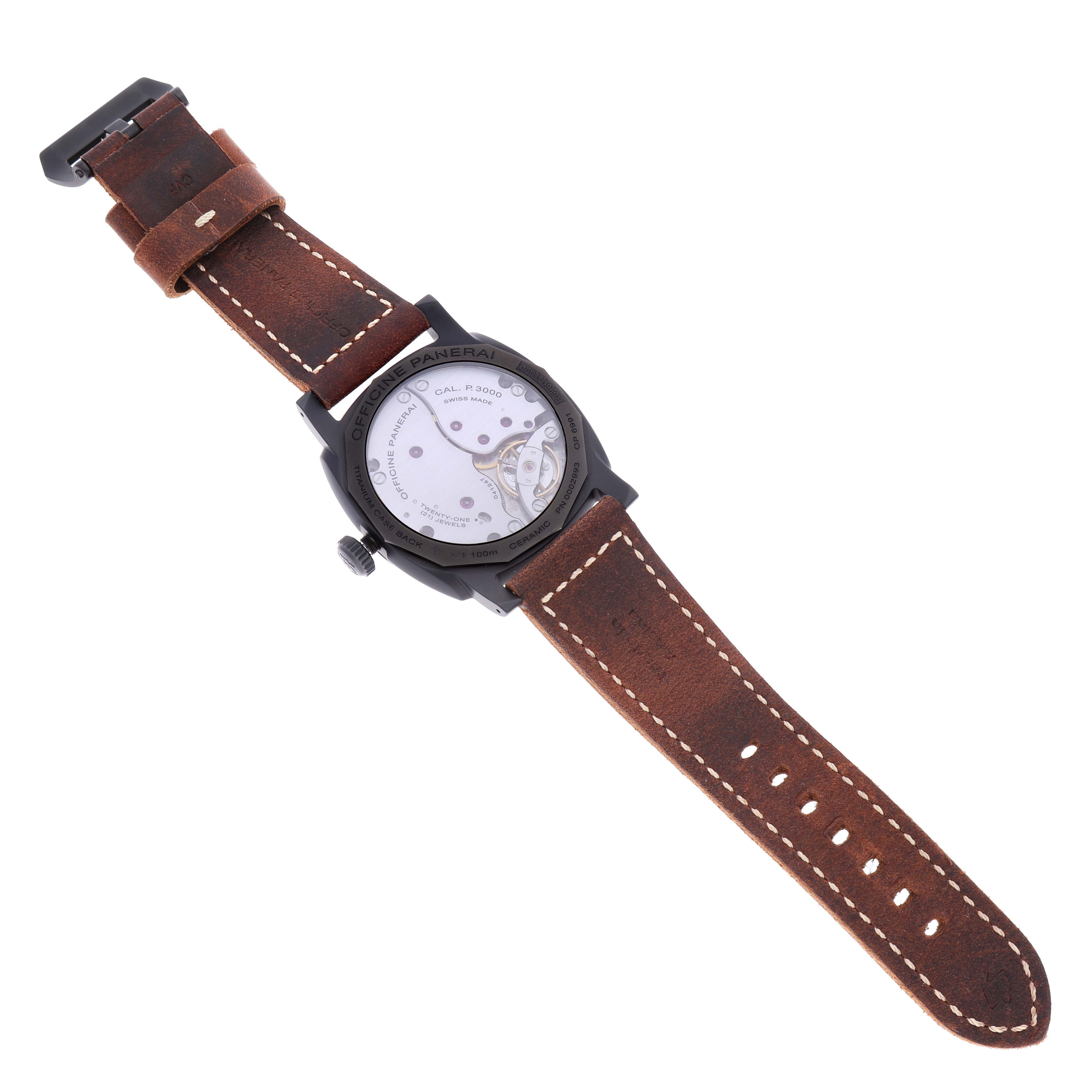 This image shows the back view of the Panerai Radiomir PAM00577 Men's Stainless Steel Black Dial PAM00577 Men's Stainless Steel Black Dial watch, highlighting its inner mechanism and brown leather strap.