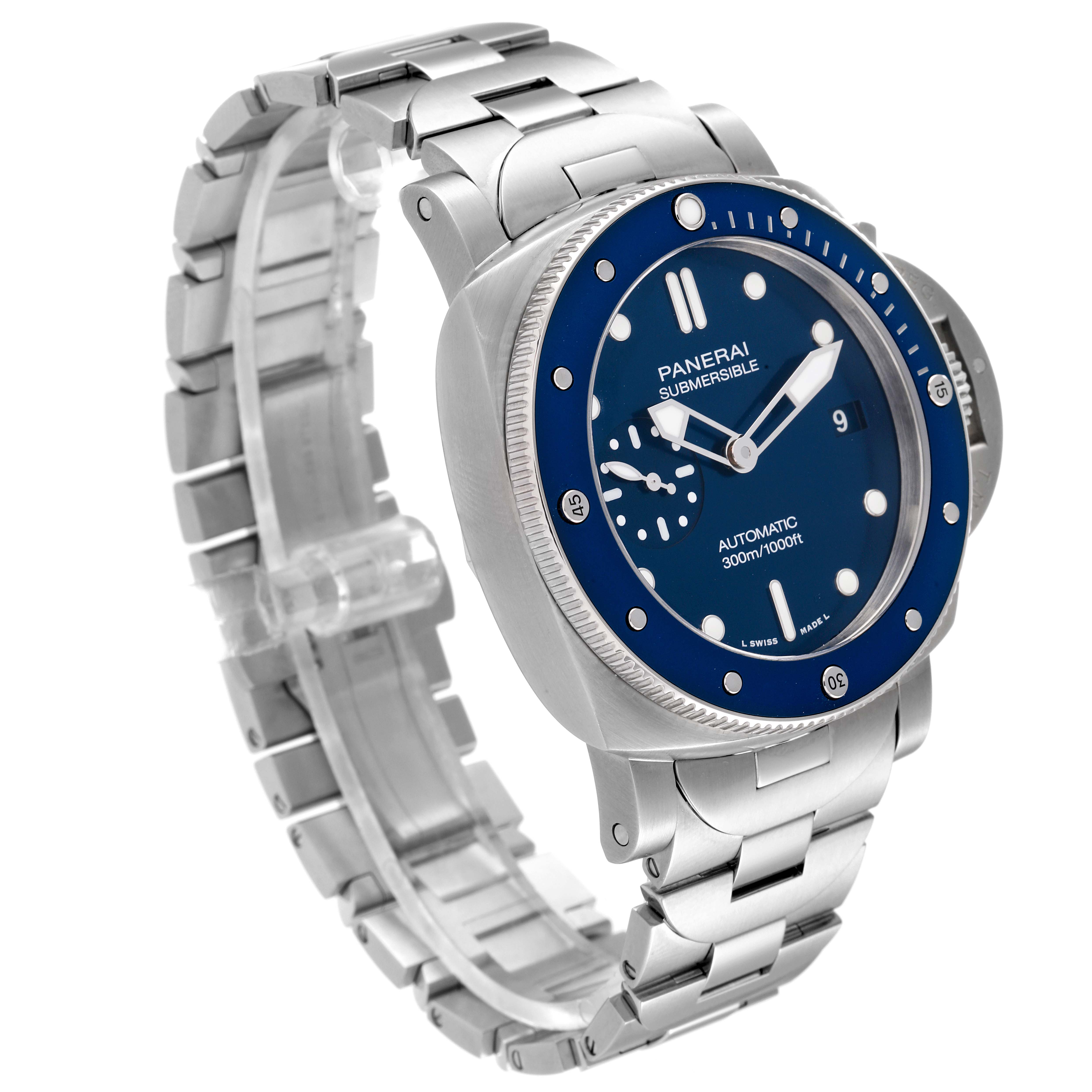 The image shows a Panerai Submersible PAM01068 Men's Stainless Steel Blue Dial PAM01068 Men's Stainless Steel Blue Dial watch from a three-quarter angle highlighting the watch face and metal bracelet.
