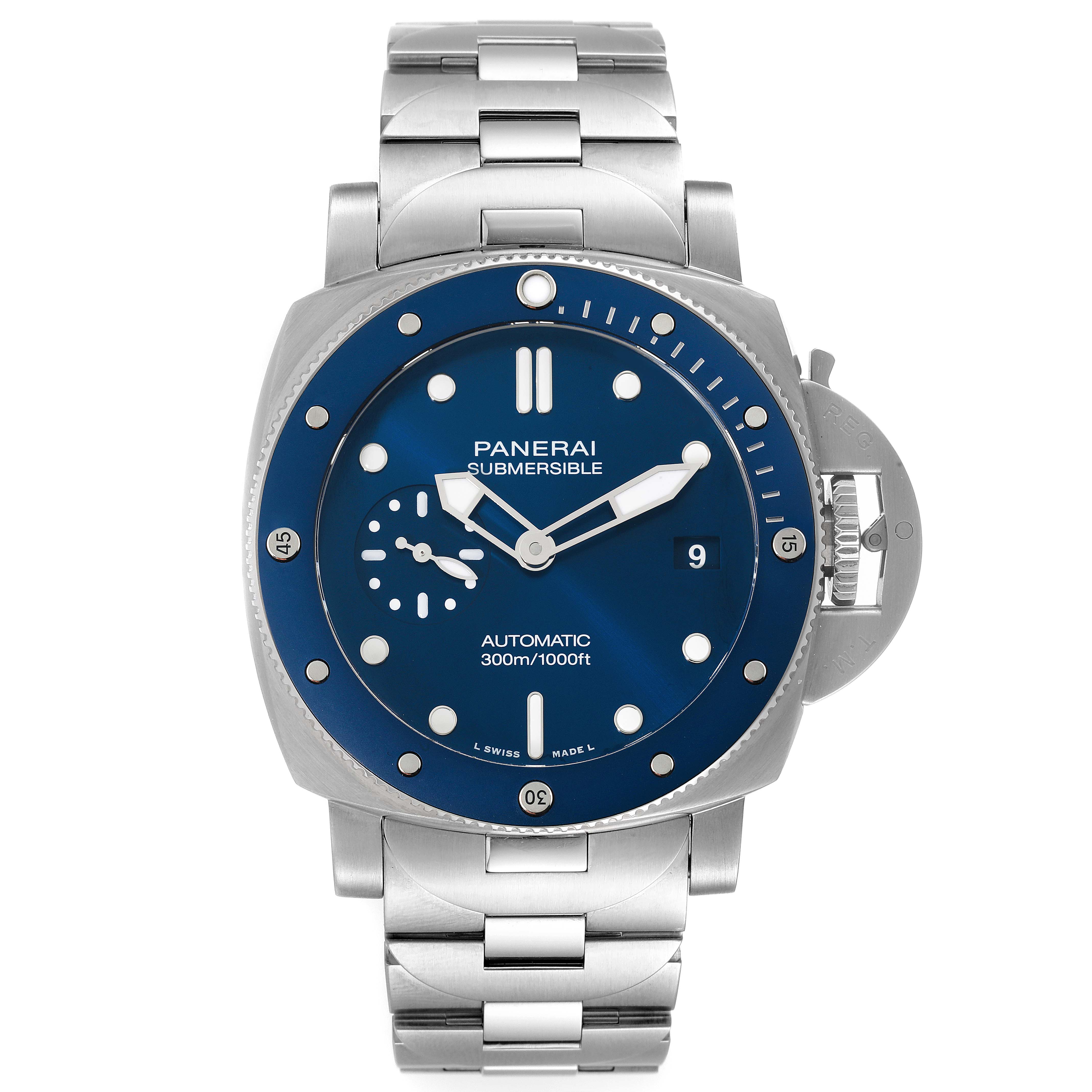 This image shows a front view of a Panerai Submersible PAM01068 Men's Stainless Steel Blue Dial PAM01068 Men's Stainless Steel Blue Dial watch with a stainless steel band, blue dial, and date window.