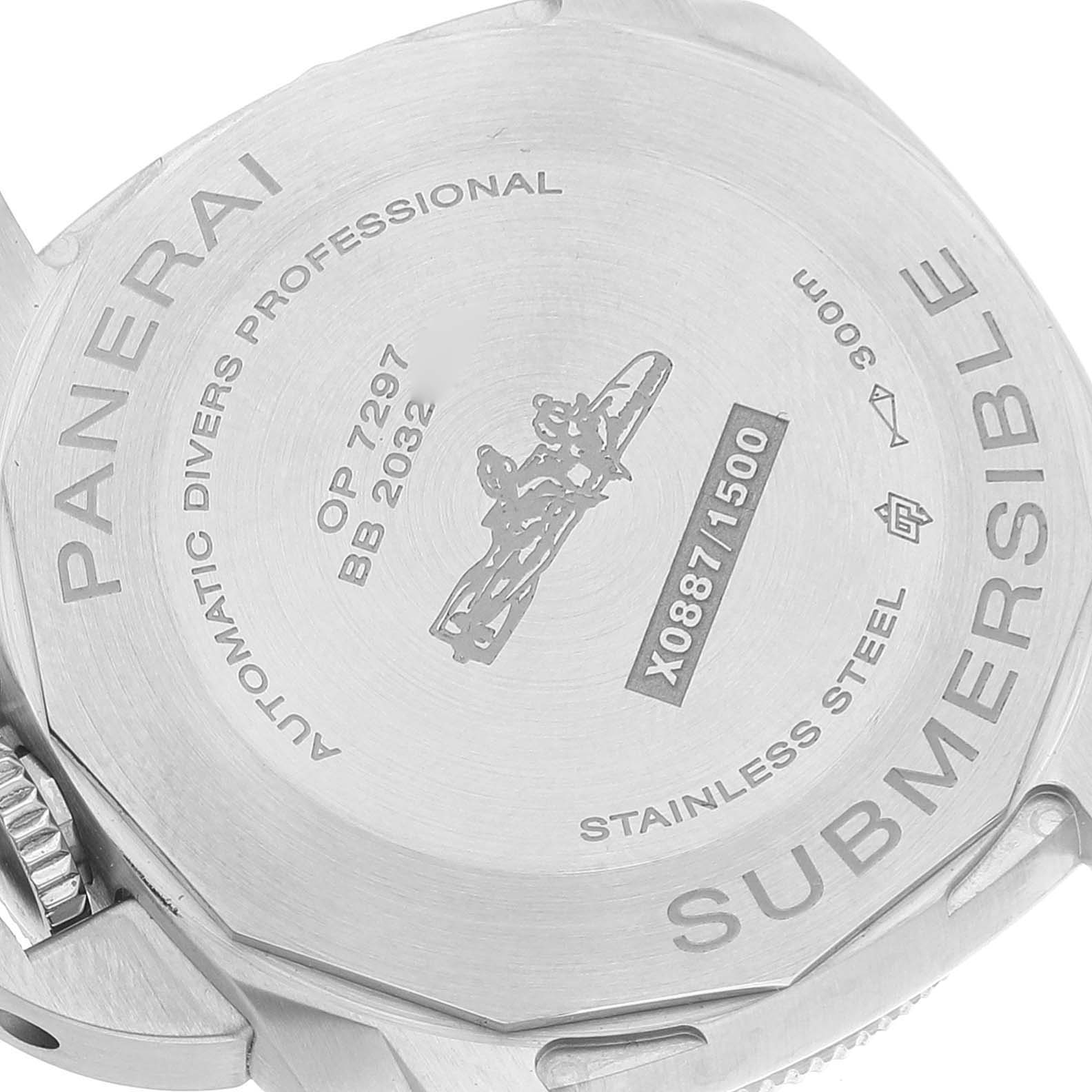 This image shows the back of a Panerai Submersible PAM01068 Men's Stainless Steel Blue Dial PAM01068 Men's Stainless Steel Blue Dial watch, highlighting its model details and engravings.