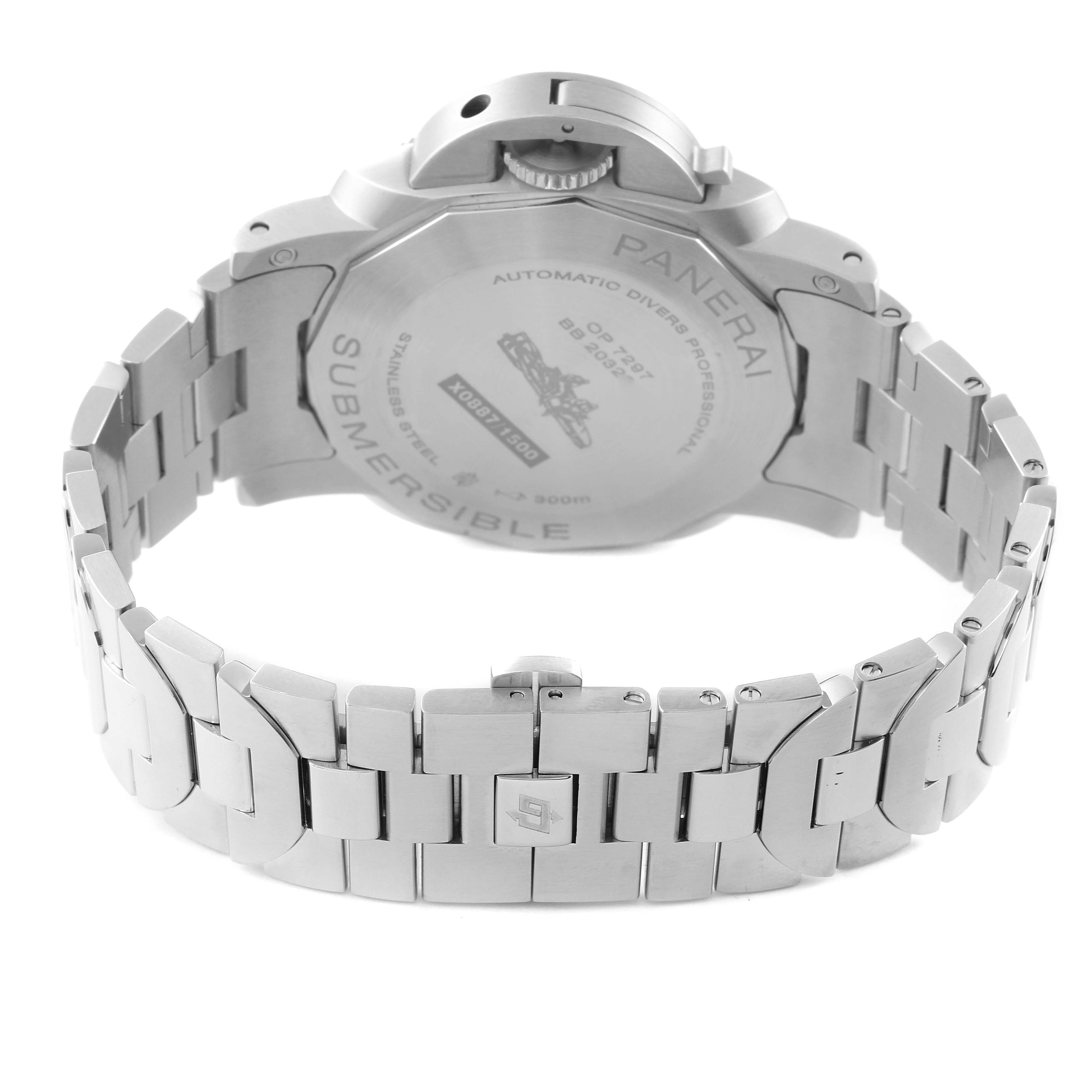 The image shows the back case and bracelet of a Panerai Submersible PAM01068 Men's Stainless Steel Blue Dial PAM01068 Men's Stainless Steel Blue Dial watch from a rear angle.