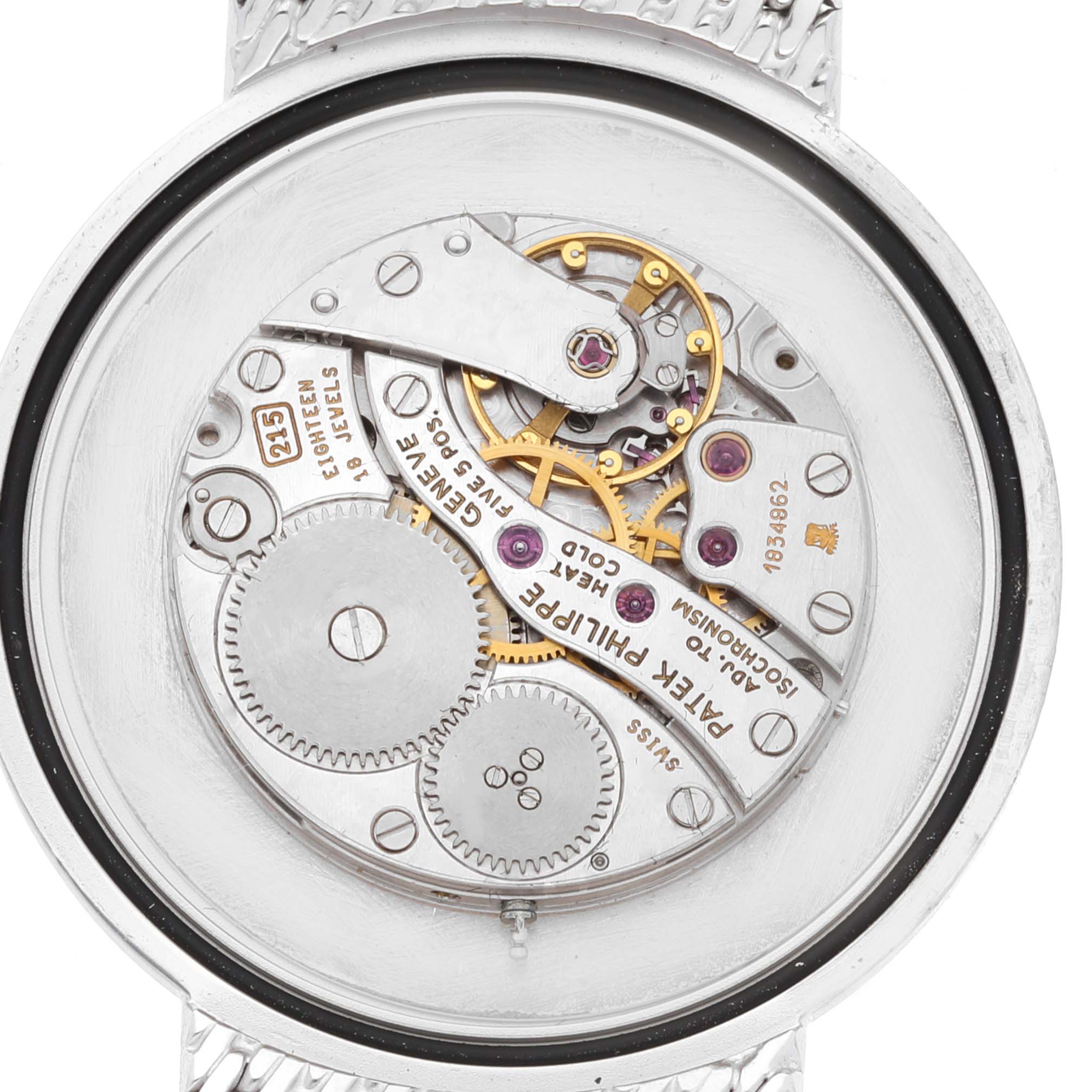 The image shows the movement mechanism of the Calatrava model by Patek Philippe from the back.