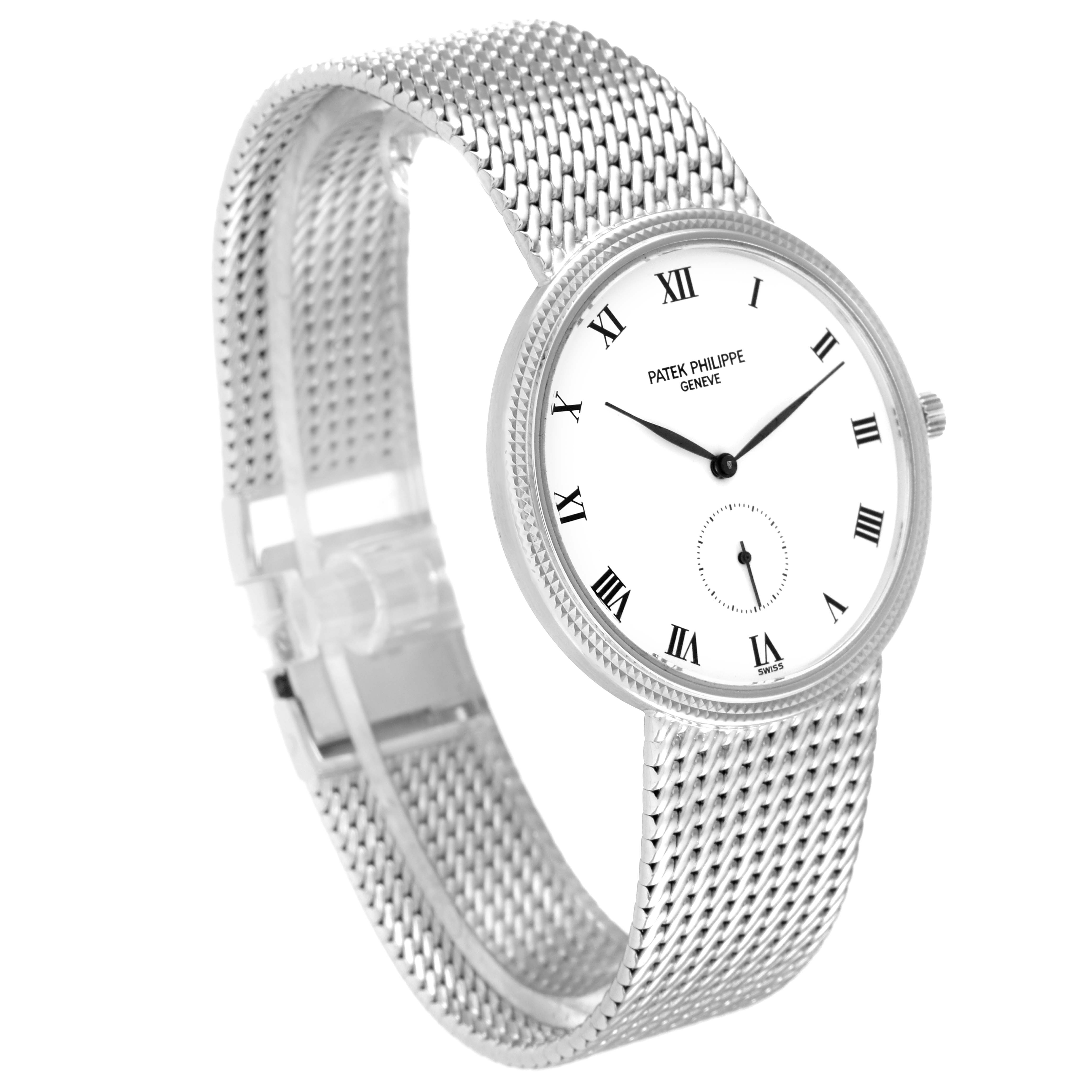 The image shows a side view of the Patek Philippe Calatrava 3919G Men's White Gold White Dial 3919G Men's White Gold White Dial watch, featuring a white dial, mesh bracelet, and Roman numeral markers.