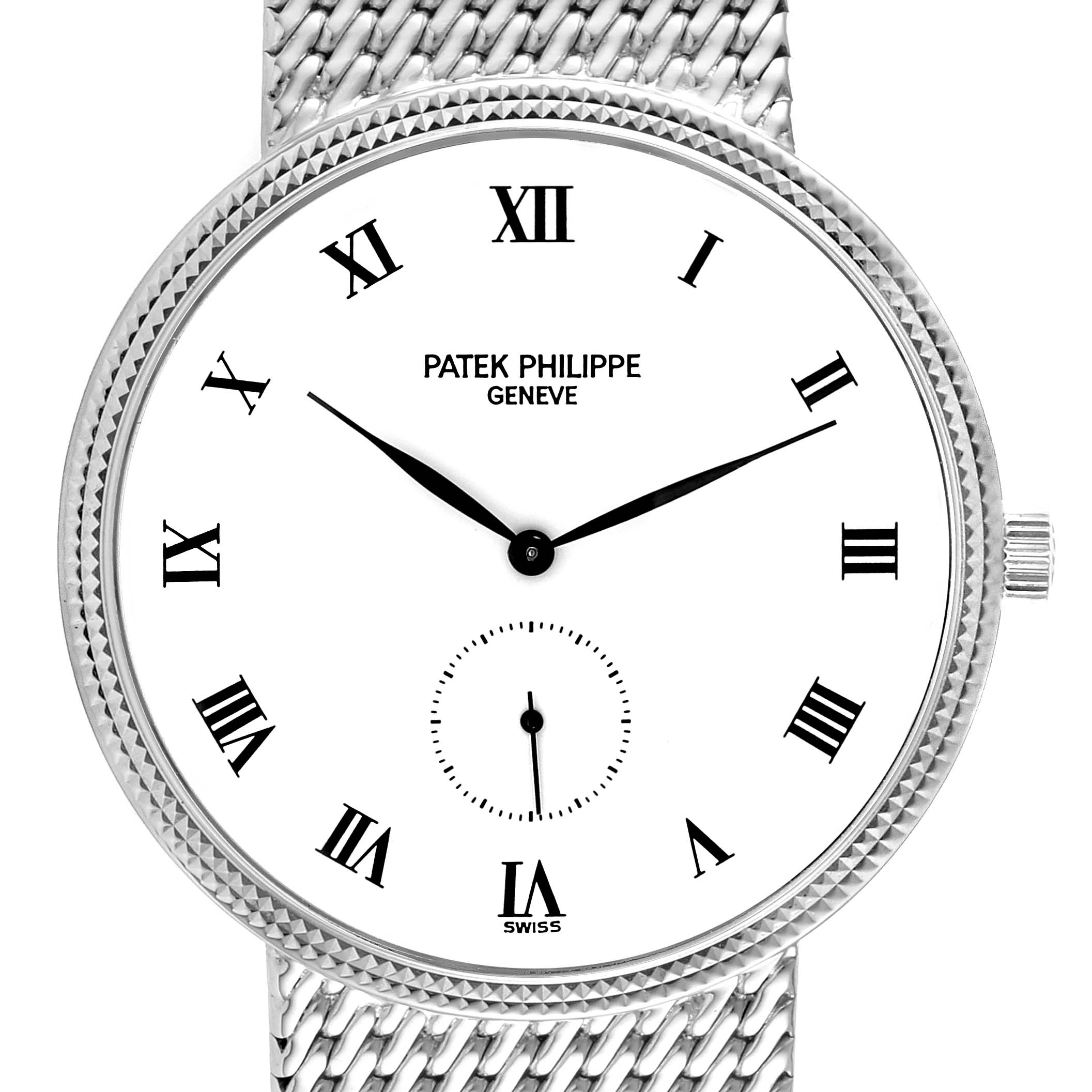 This image shows the front view of a Patek Philippe Calatrava 3919G Men's White Gold White Dial 3919G Men's White Gold White Dial watch, highlighting its dial, hands, and Roman numerals.