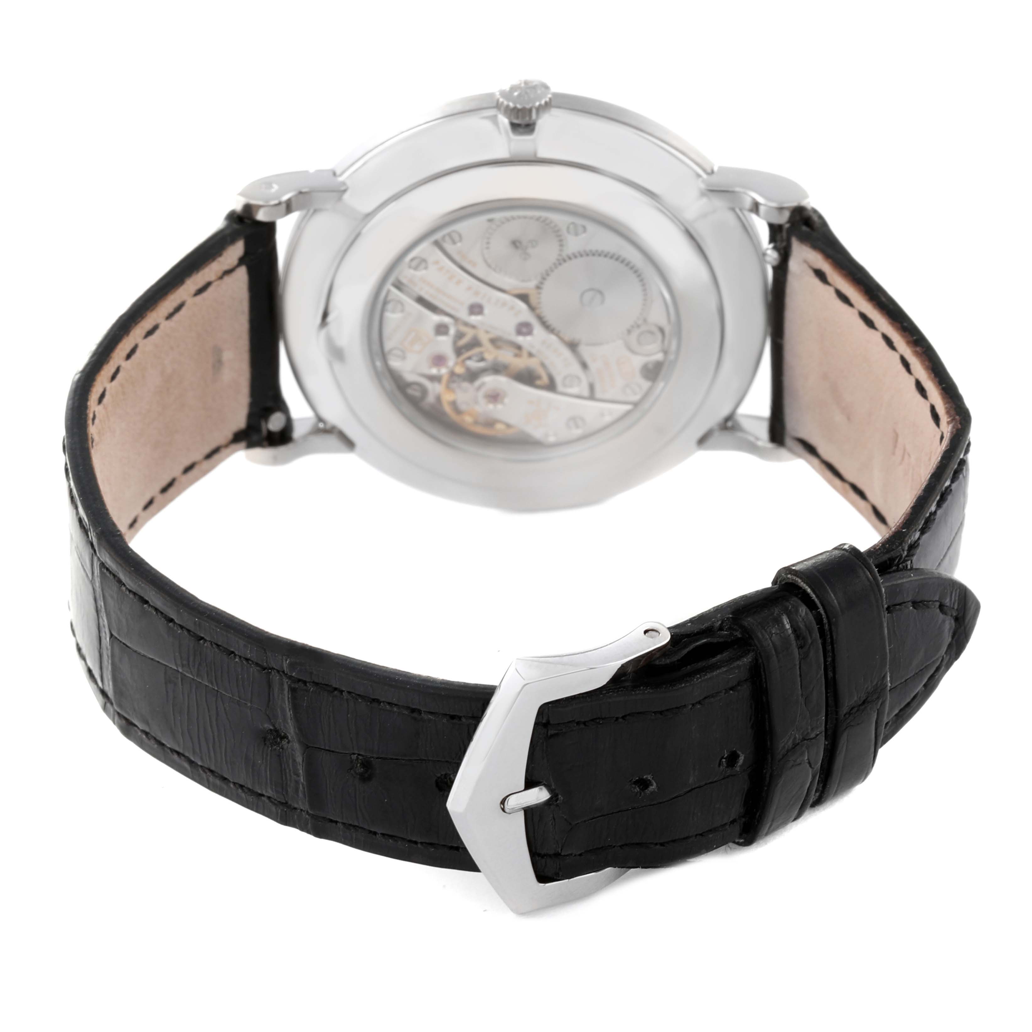 The image shows the back view and strap of a Patek Philippe Calatrava 5119G Men
s White Gold White Dial 5119G Men
s White Gold White Dial watch.