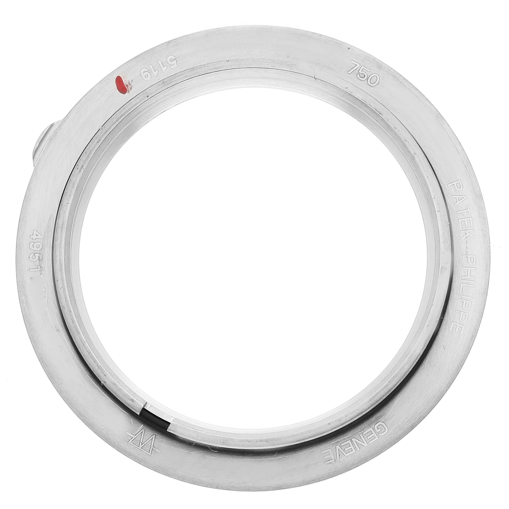 This image shows the bezel of a Patek Philippe Calatrava 5119G Men
s White Gold White Dial 5119G Men
s White Gold White Dial watch viewed from above.