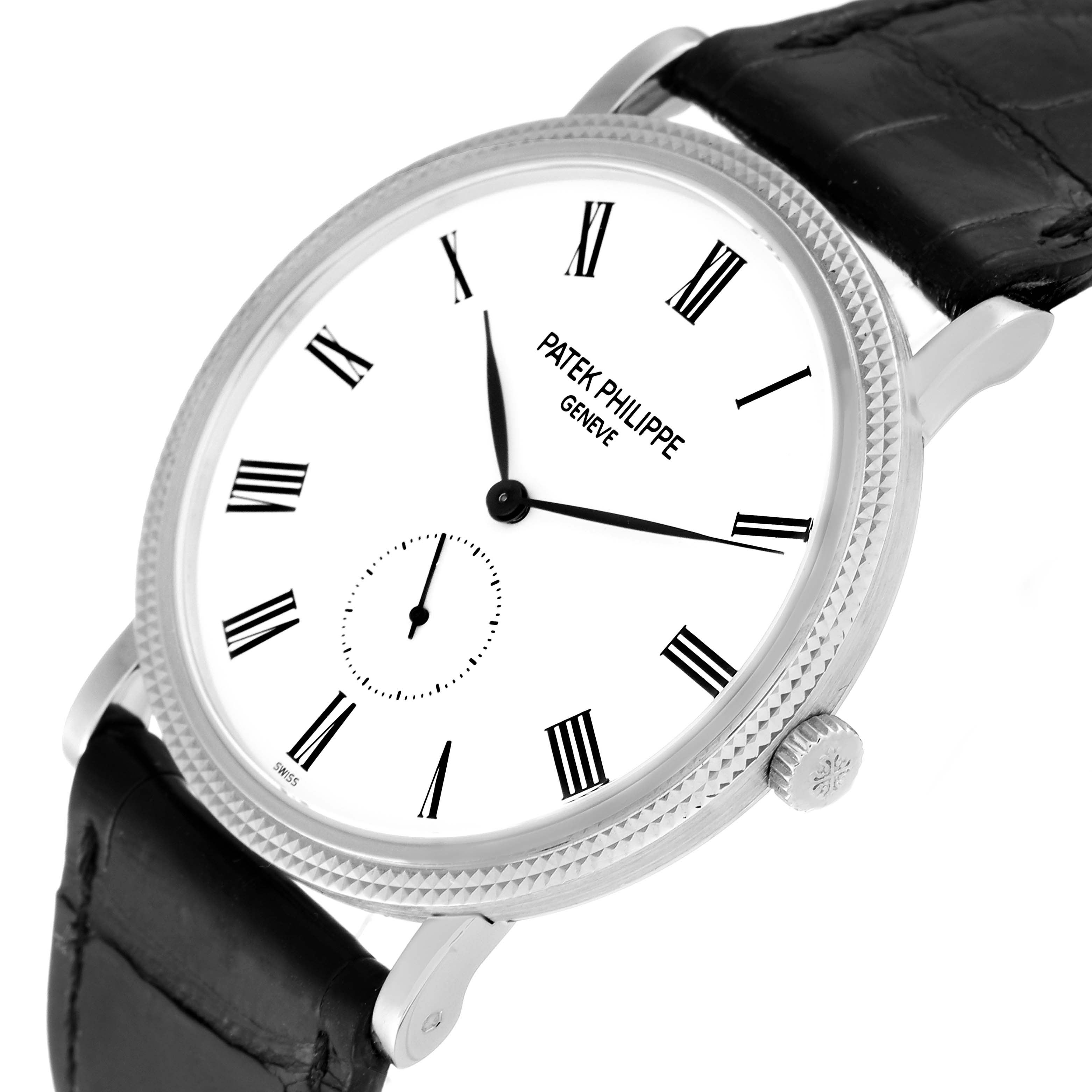 The image shows a front-angle view of the Patek Philippe Calatrava 5119G Men
s White Gold White Dial 5119G Men
s White Gold White Dial watch, highlighting the dial, Roman numerals, hands, and crown.