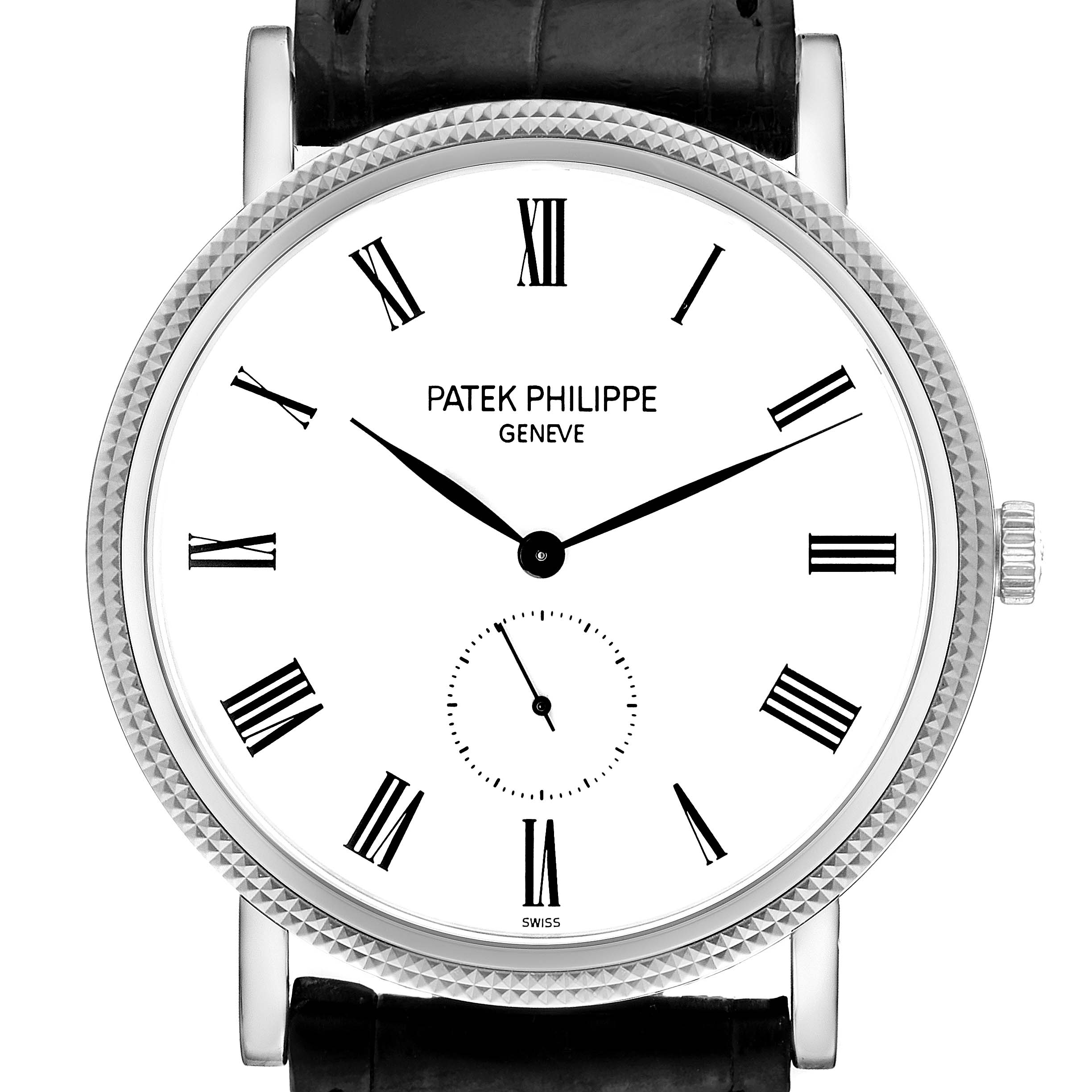 The image shows a frontal view of the Patek Philippe Calatrava 5119G Men
s White Gold White Dial 5119G Men
s White Gold White Dial watch, highlighting its dial, Roman numerals, and leather strap.
