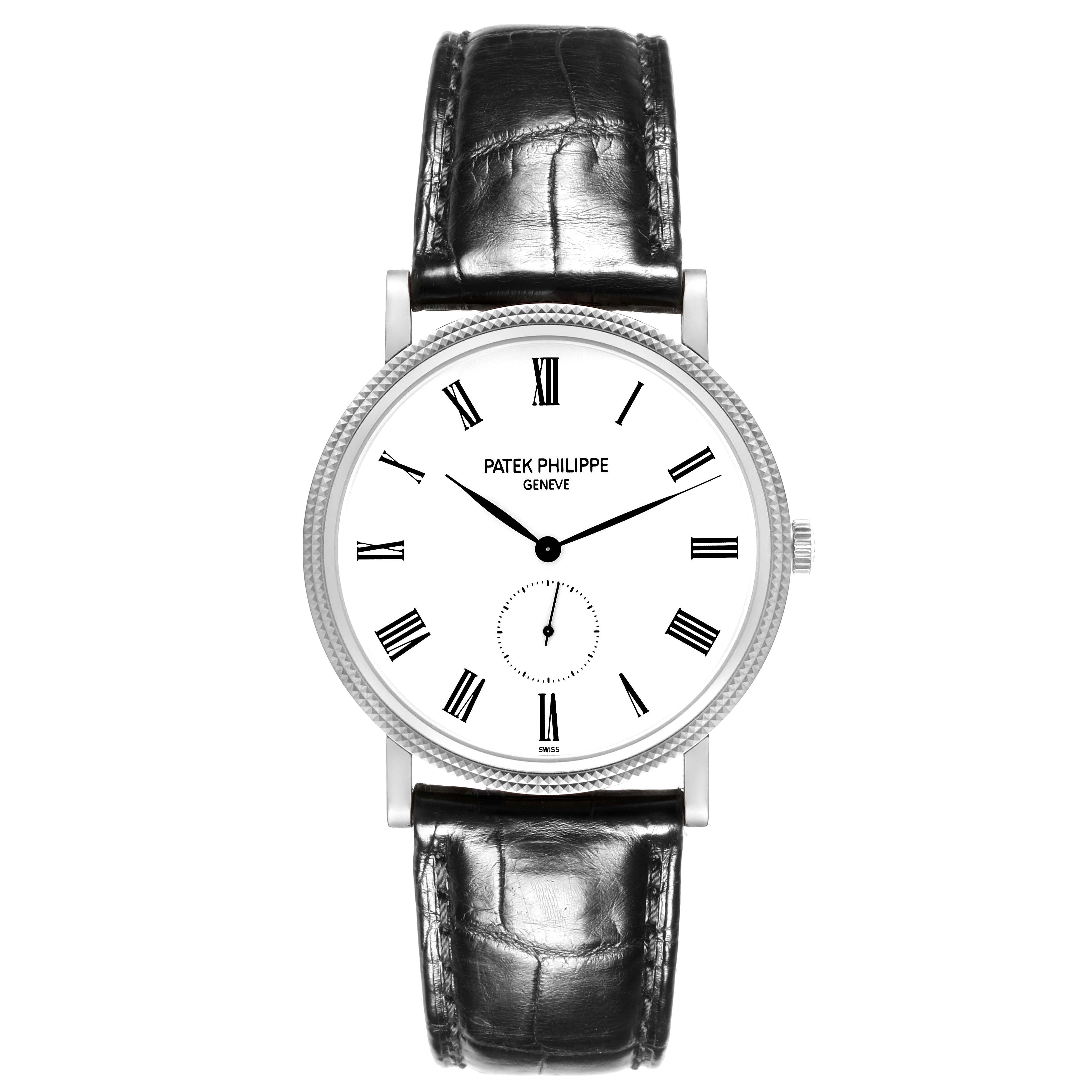 The Patek Philippe Calatrava 5119G-001 Men's White Gold White Dial 5119G-001 Men's White Gold White Dial watch is shown from a top-down angle, highlighting its dial, hands, and leather strap.