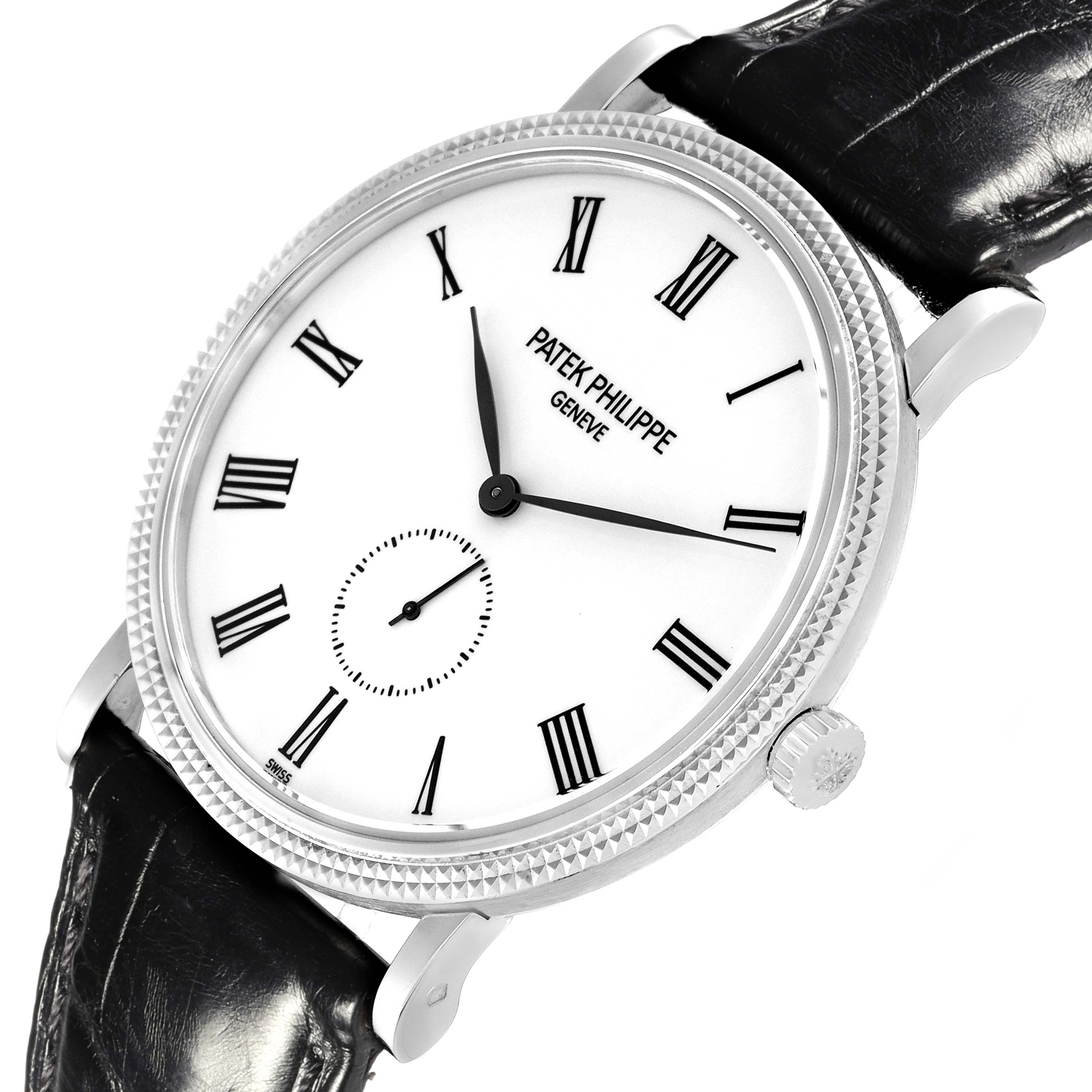The image shows the Patek Philippe Calatrava 5119G-001 Men's White Gold White Dial 5119G-001 Men's White Gold White Dial watch at a tilted front angle, displaying the dial, crown, and leather strap.