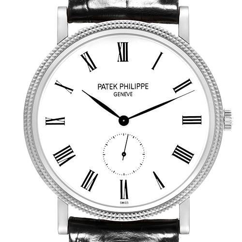 The Patek Philippe Calatrava watch is shown from the front, displaying its white dial, Roman numerals, and leather strap.