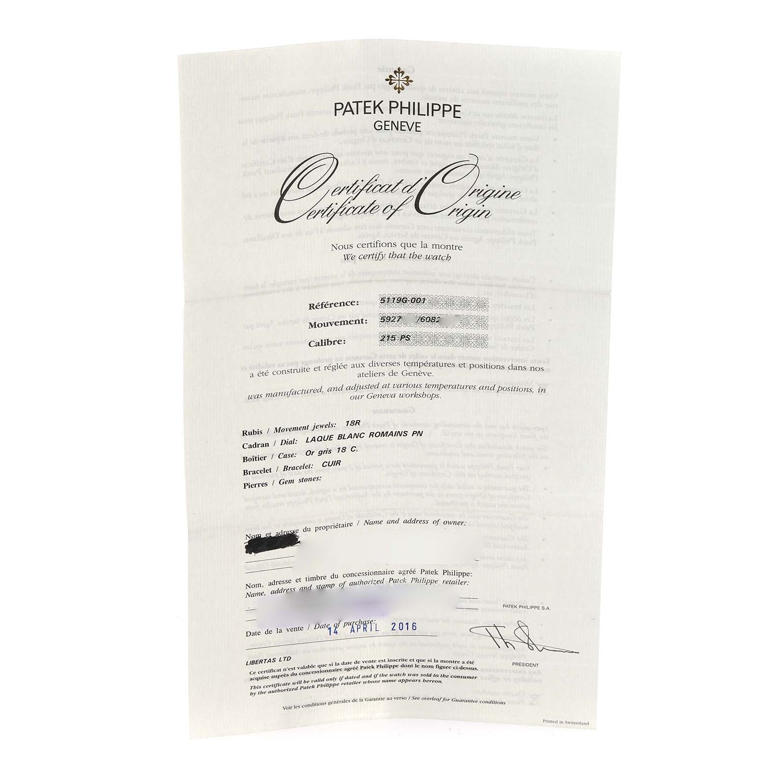 The image shows the Certificate of Origin for a Patek Philippe Calatrava 5119G-001 Men's White Gold White Dial 5119G-001 Men's White Gold White Dial watch, detailing specifications and authenticity.