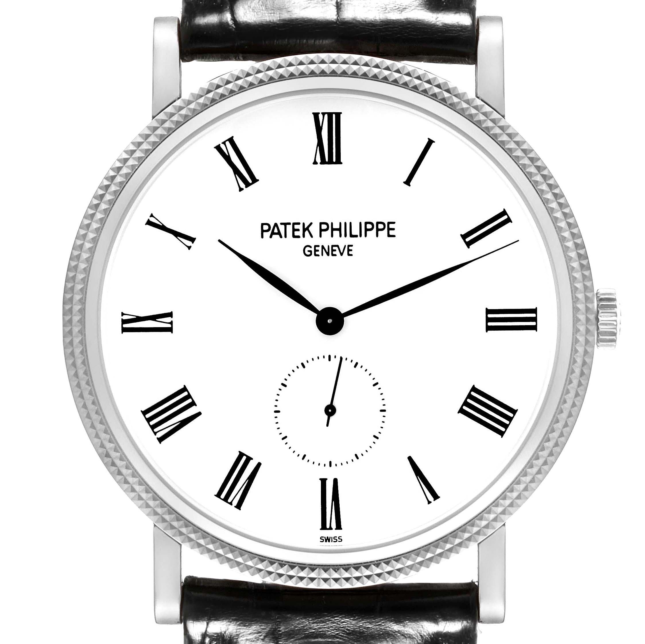The image shows a frontal view of the Patek Philippe Calatrava 5119G-001 Men's White Gold White Dial 5119G-001 Men's White Gold White Dial, displaying its dial, Roman numerals, and a leather strap segment.