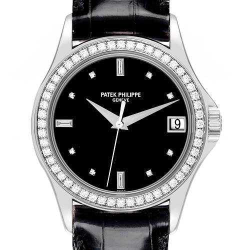 The Patek Philippe Calatrava watch is shown from the front, highlighting its black dial, diamond bezel, and date window.