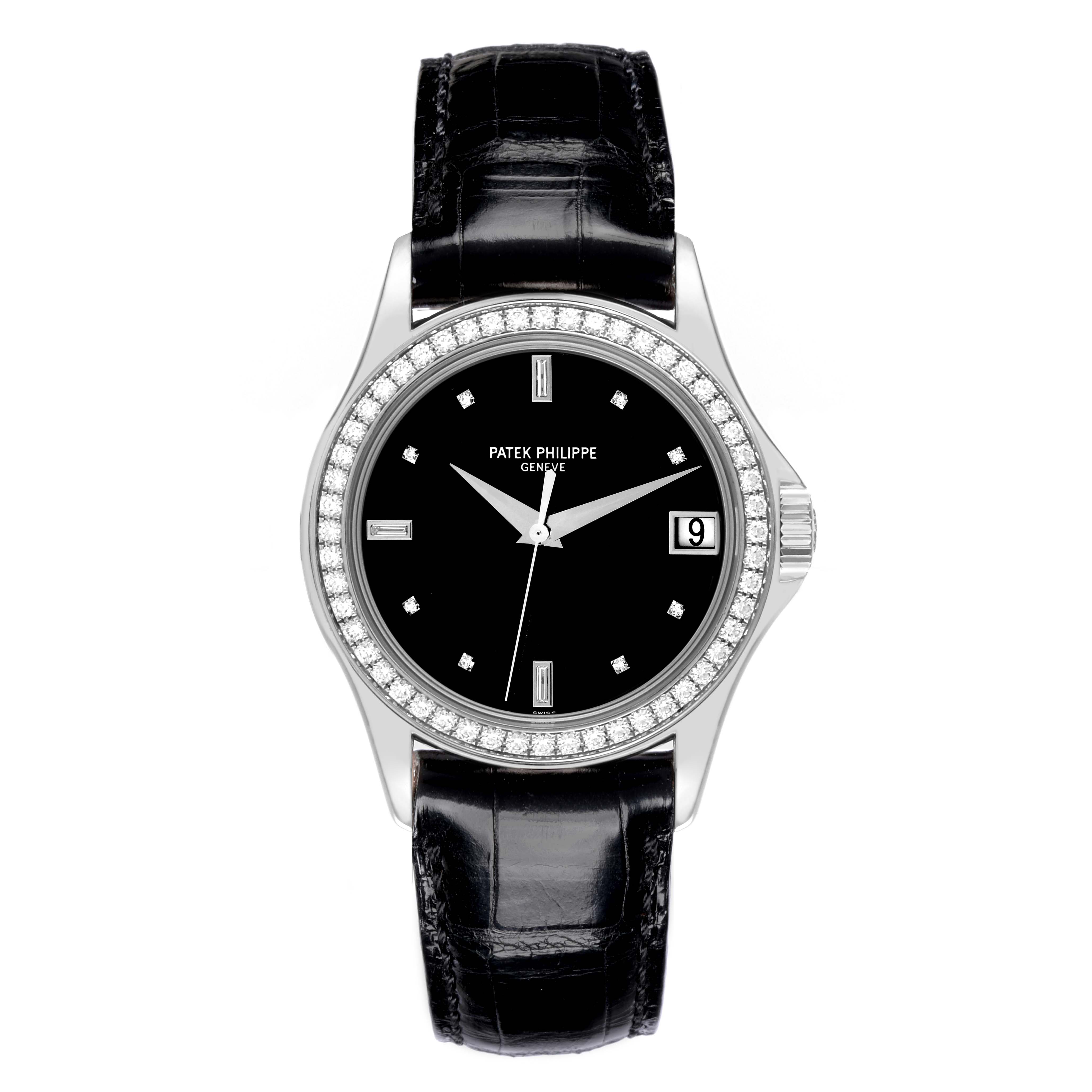 The Patek Philippe Calatrava 5108G-010 Men's White Gold Black Dial 5108G-010 Men's White Gold Black Dial watch is shown from a front angle, displaying the dial, bezel, and black leather strap.