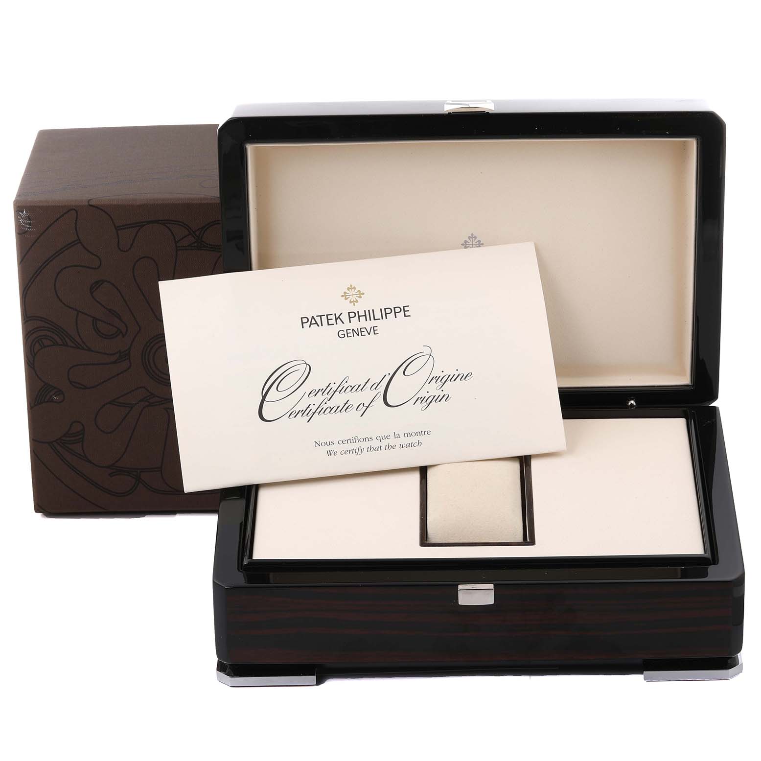 The image shows the Patek Philippe Calatrava 5108G-010 Men's White Gold Black Dial 5108G-010 Men's White Gold Black Dial box and a certificate of origin, viewed from the front.