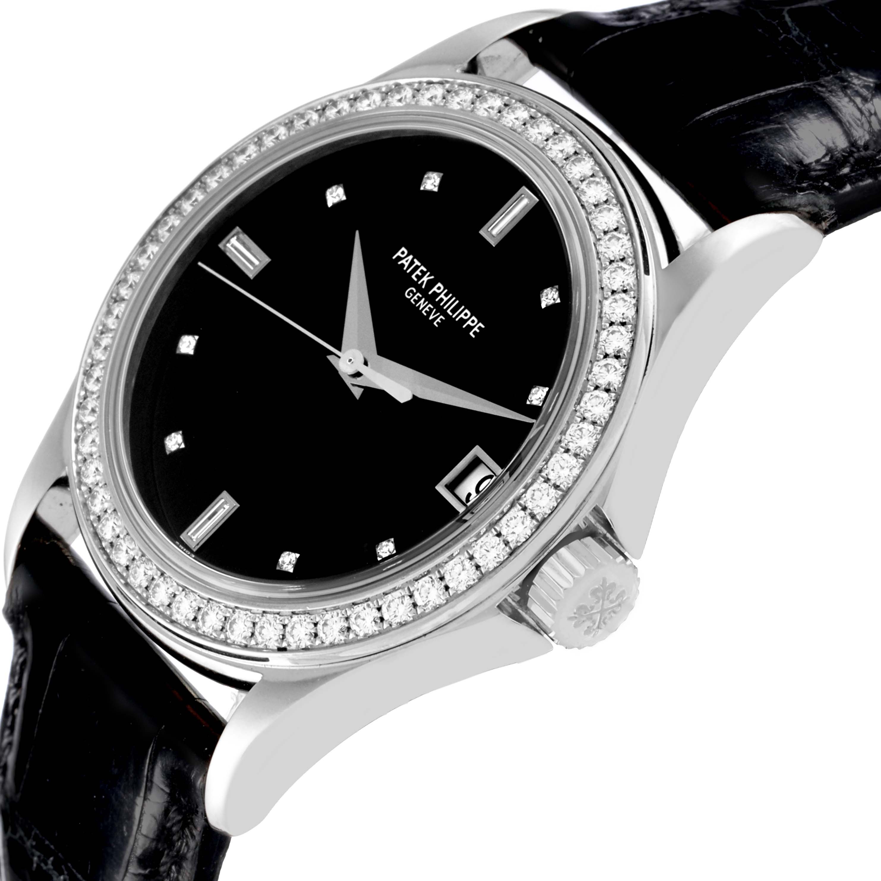 The Patek Philippe Calatrava 5108G-010 Men's White Gold Black Dial 5108G-010 Men's White Gold Black Dial watch is shown at a side angle featuring the dial, bezel, crown, and part of the strap.