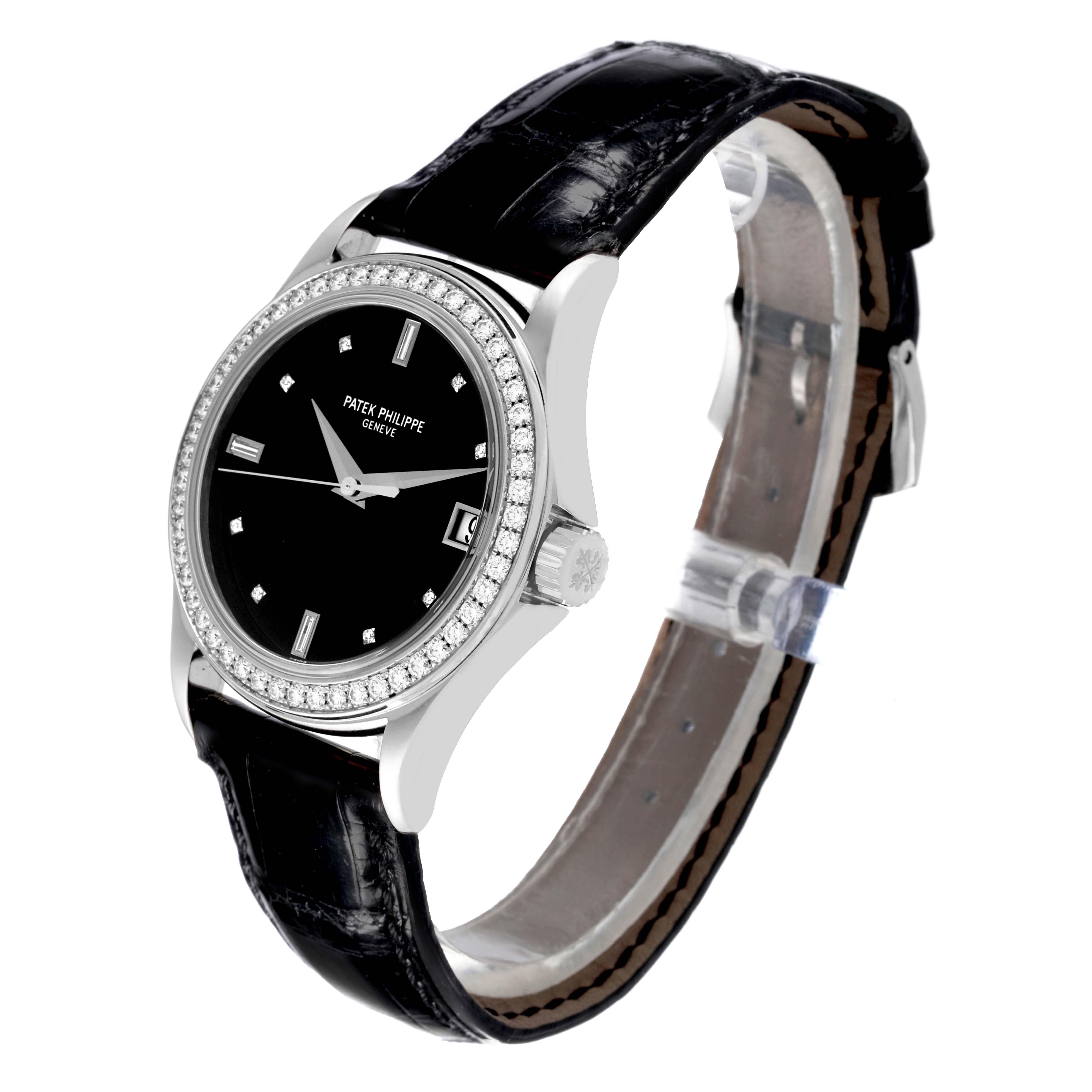 This Patek Philippe Calatrava 5108G-010 Men's White Gold Black Dial 5108G-010 Men's White Gold Black Dial watch is shown at a slight angle, highlighting the case, bezel, dial, and leather strap.
