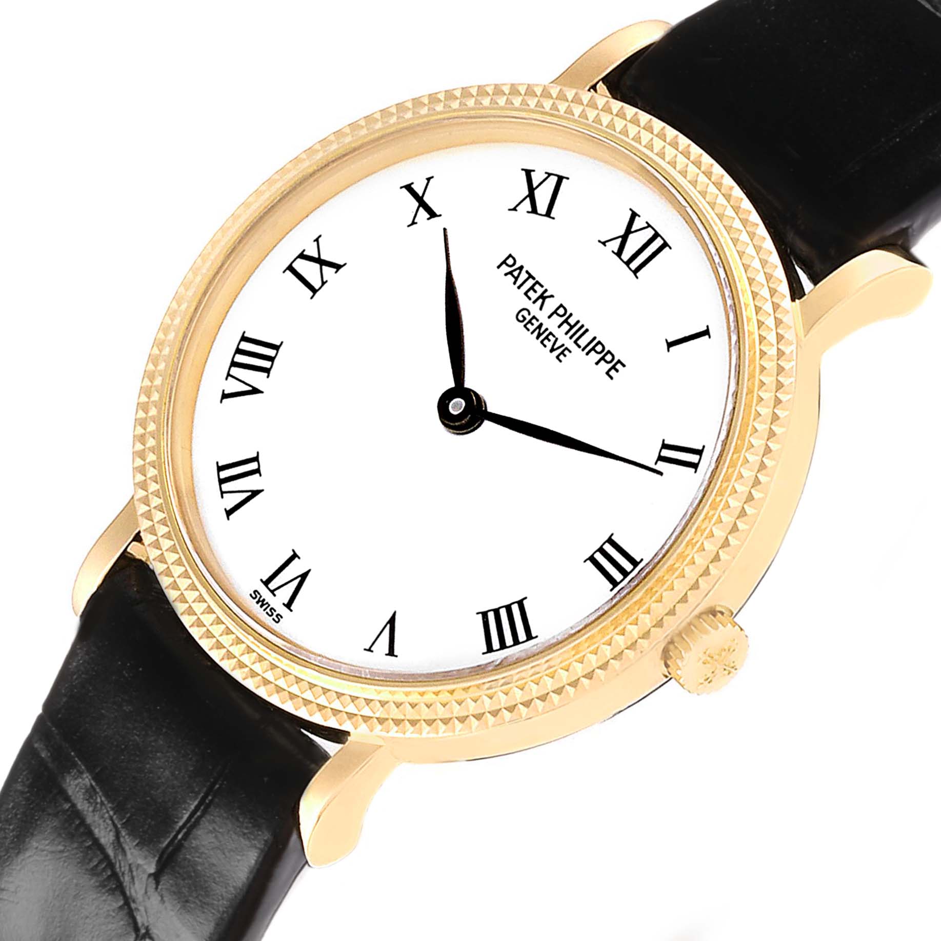 The Patek Philippe Calatrava 4819J Women
s Yellow Gold White Dial watch is shown at an angled view, highlighting its round face, Roman numerals, crown, and leather strap.