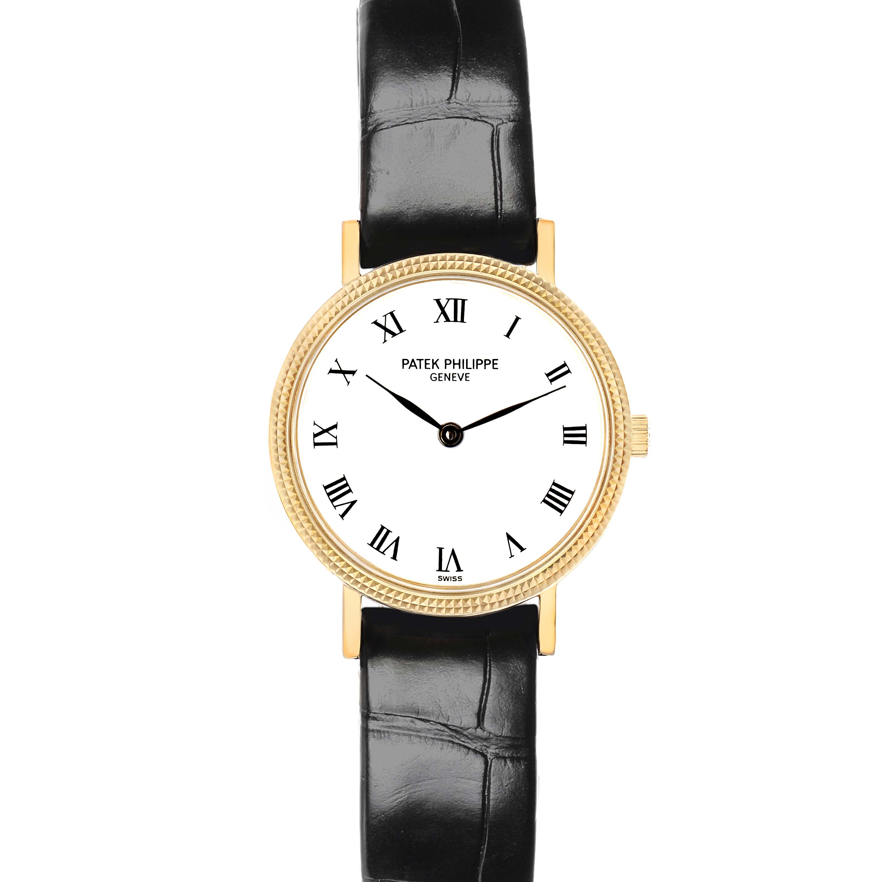 The Patek Philippe Calatrava 4819J Women
s Yellow Gold White Dial watch is shown from a top-down angle, highlighting its round gold case, white dial, and black leather strap.
