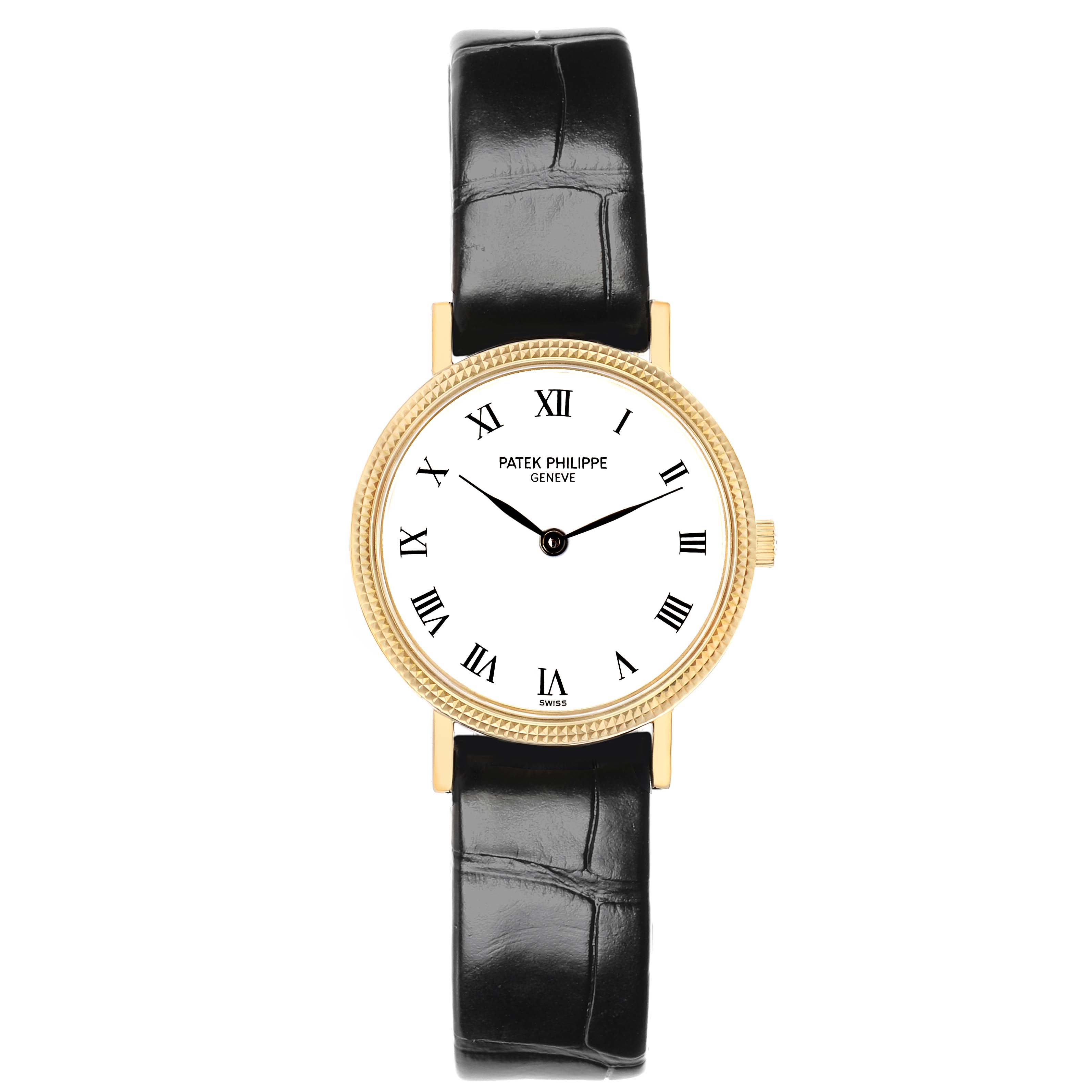 The image shows a front view of the Patek Philippe Calatrava 4819J Women
s Yellow Gold White Dial, highlighting the black leather strap, gold case, and white dial with Roman numerals.