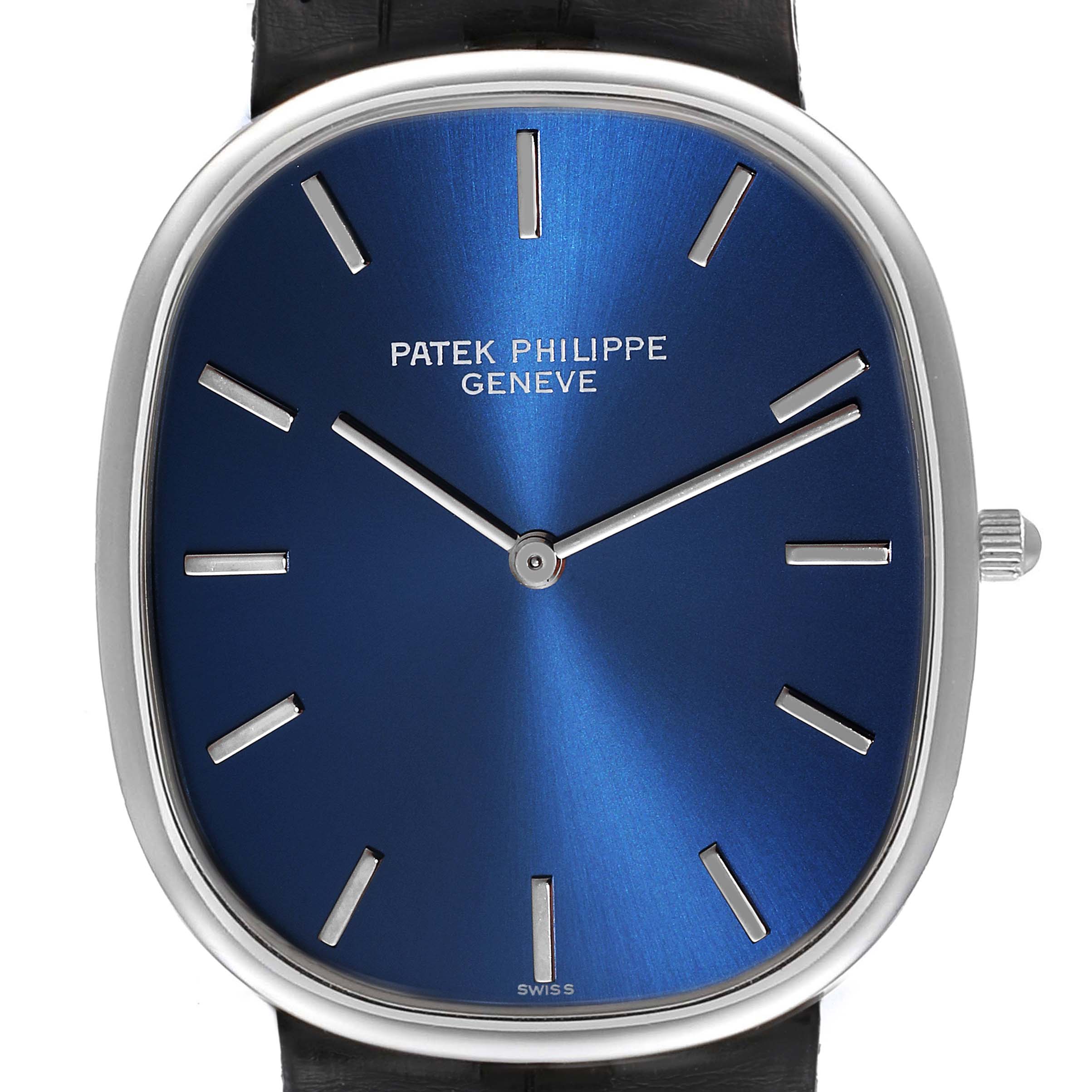 The image shows a close-up, front view of a Patek Philippe Golden Ellipse 5738P-001 Men's Platinum Blue Dial 5738P-001 Men's Platinum Blue Dial watch, highlighting its blue dial and silver markers.