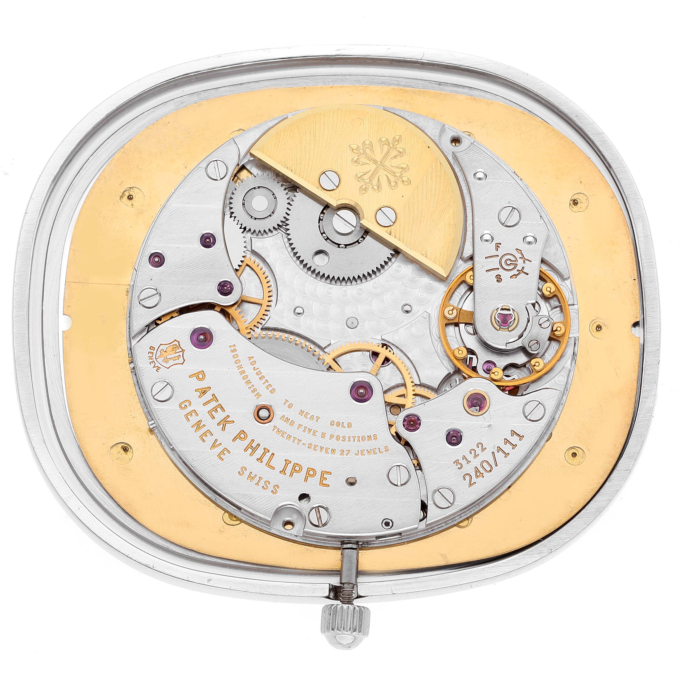 The image shows the intricate internal mechanism, or movement, of a Patek Philippe Golden Ellipse 5738P-001 Men's Platinum Blue Dial 5738P-001 Men's Platinum Blue Dial watch from a top-down perspective.