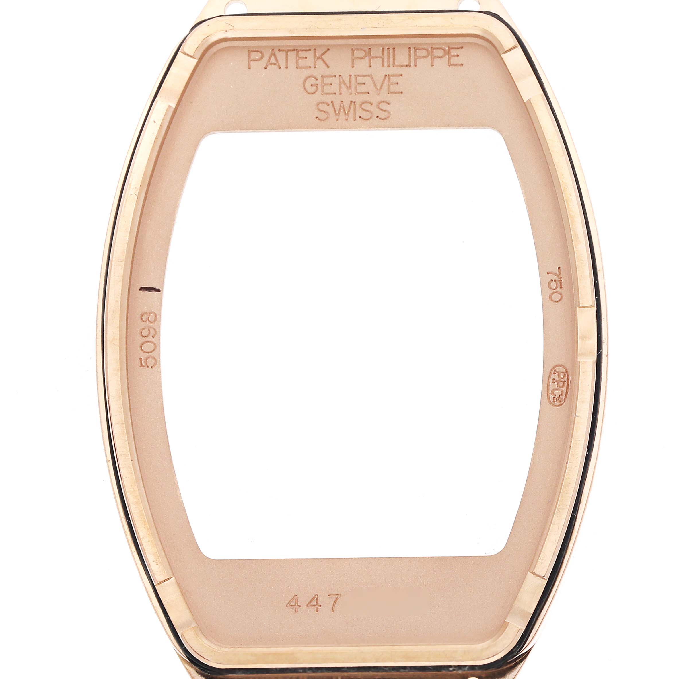 The image shows the frame of the Patek Philippe Gondolo 5098R Men's Rose Gold Silver Dial watch case from a front angle, displaying engravings and markings.