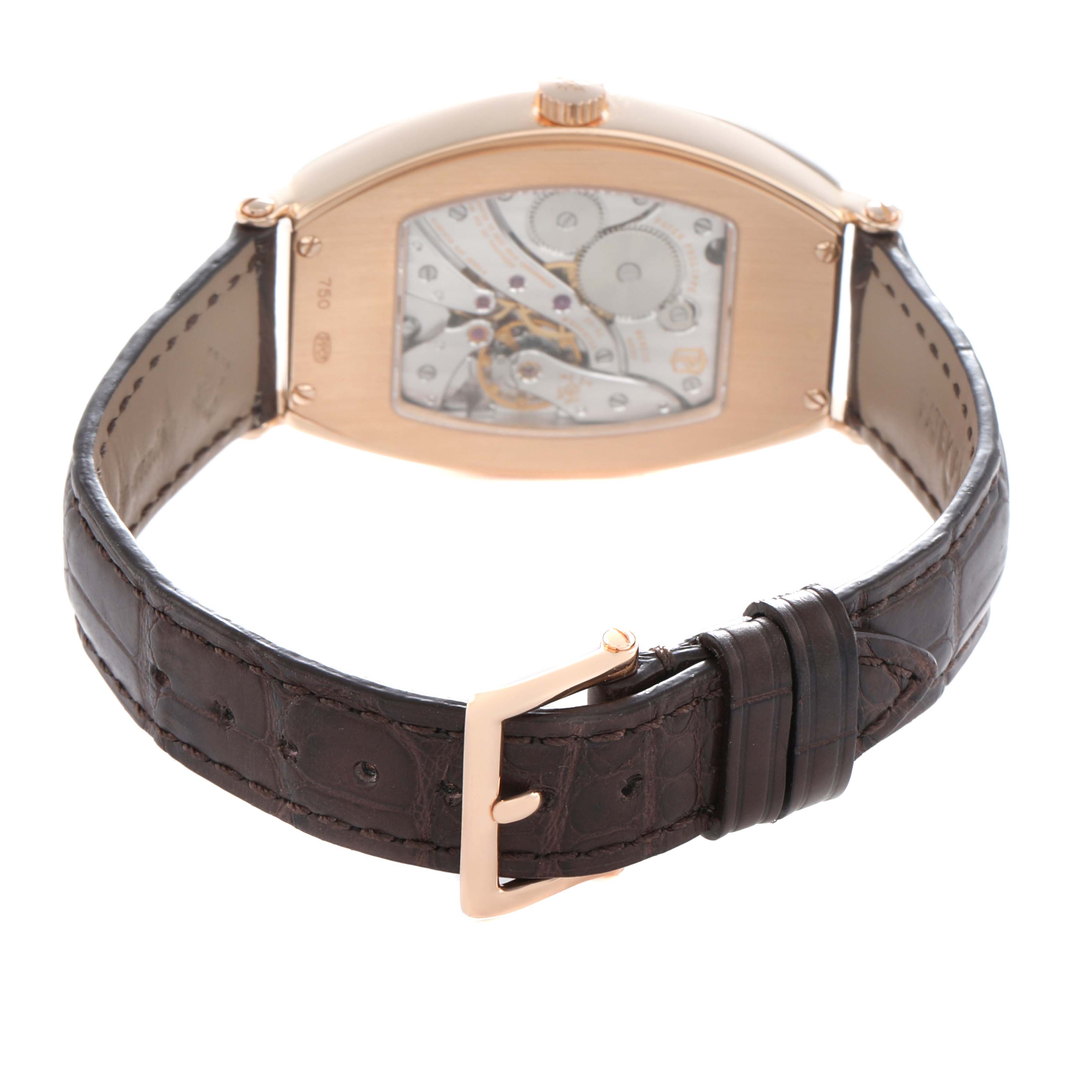 The image shows the back of a Patek Philippe Gondolo 5098R Men's Rose Gold Silver Dial, highlighting the movement and leather strap with a buckle.