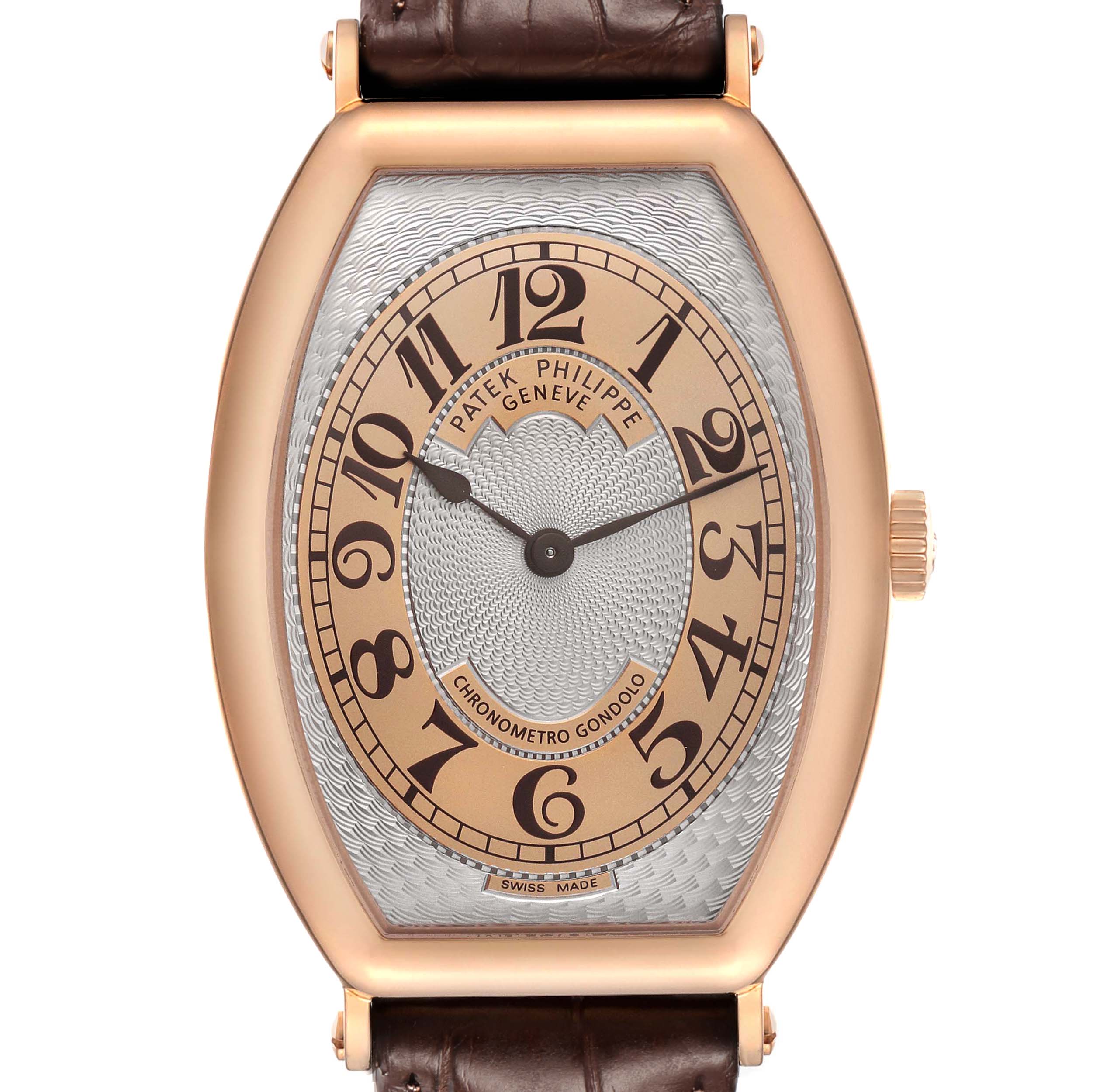 The Patek Philippe Gondolo 5098R Men's Rose Gold Silver Dial watch is shown from the front, featuring a brown leather strap, gold case, and intricate dial design.