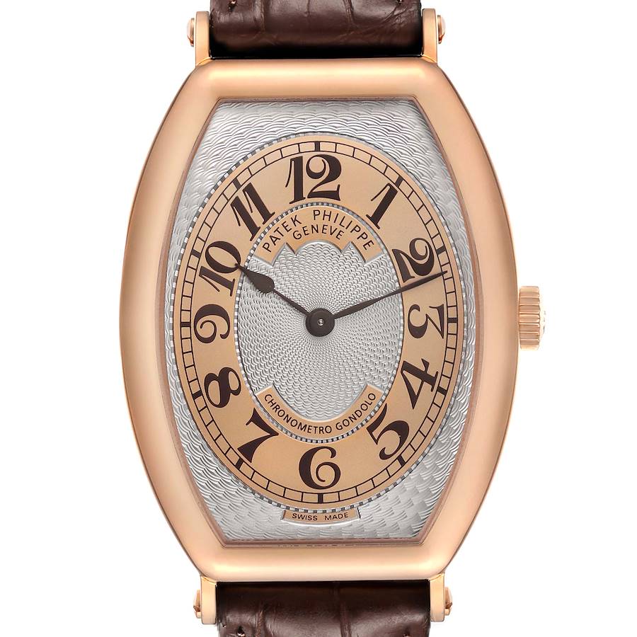 The Patek Philippe Gondolo 5098R Men's Rose Gold Silver Dial watch is shown from the front, featuring a brown leather strap, gold case, and intricate dial design.