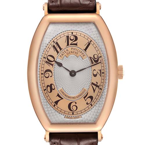 The Patek Philippe Gondolo 5098R Men's Rose Gold Silver Dial watch is shown from the front, displaying its oval face, dial, numerals, and leather strap.