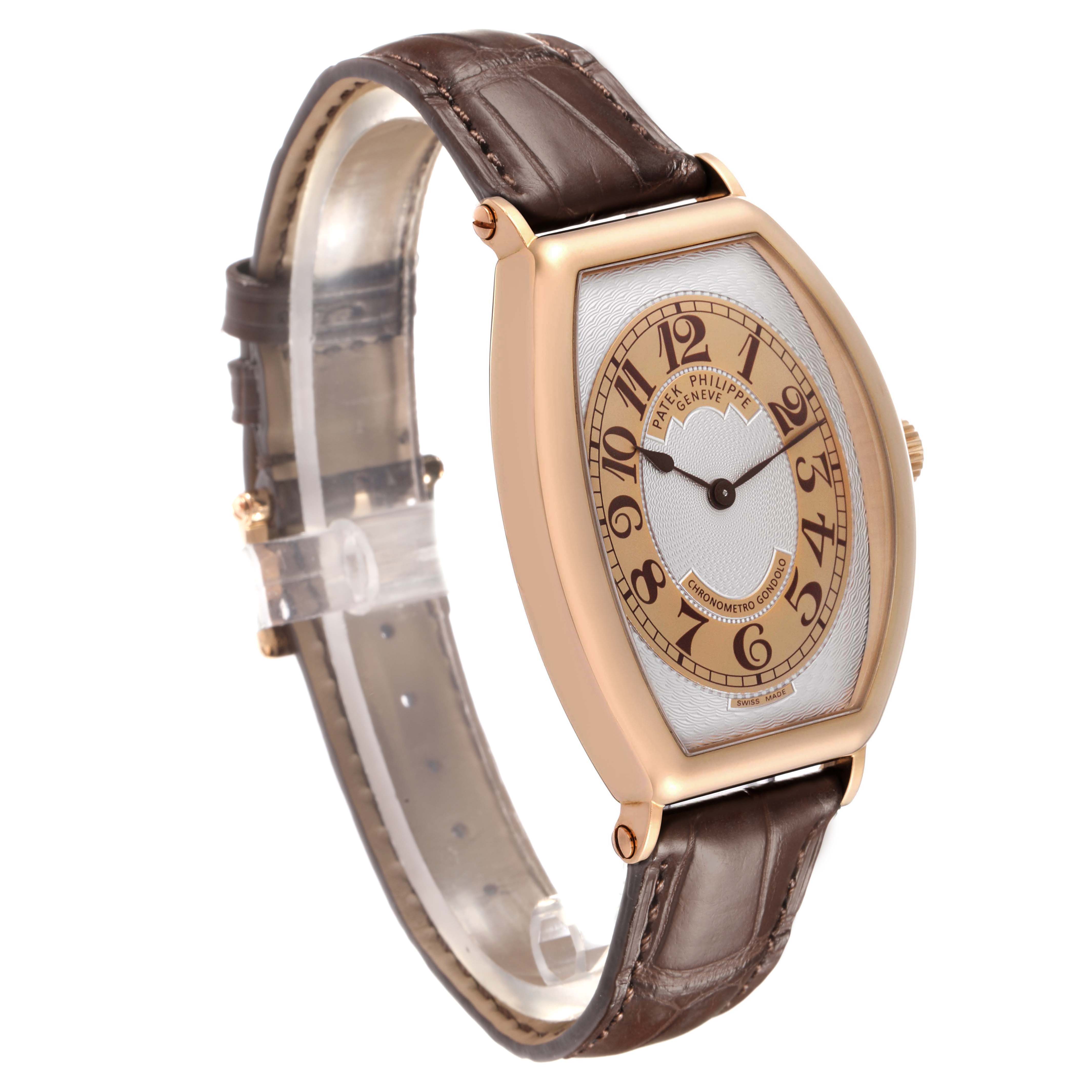 The Patek Philippe Gondolo 5098R Men's Rose Gold Silver Dial watch is shown at a three-quarter angle, highlighting the dial, case, and leather strap.