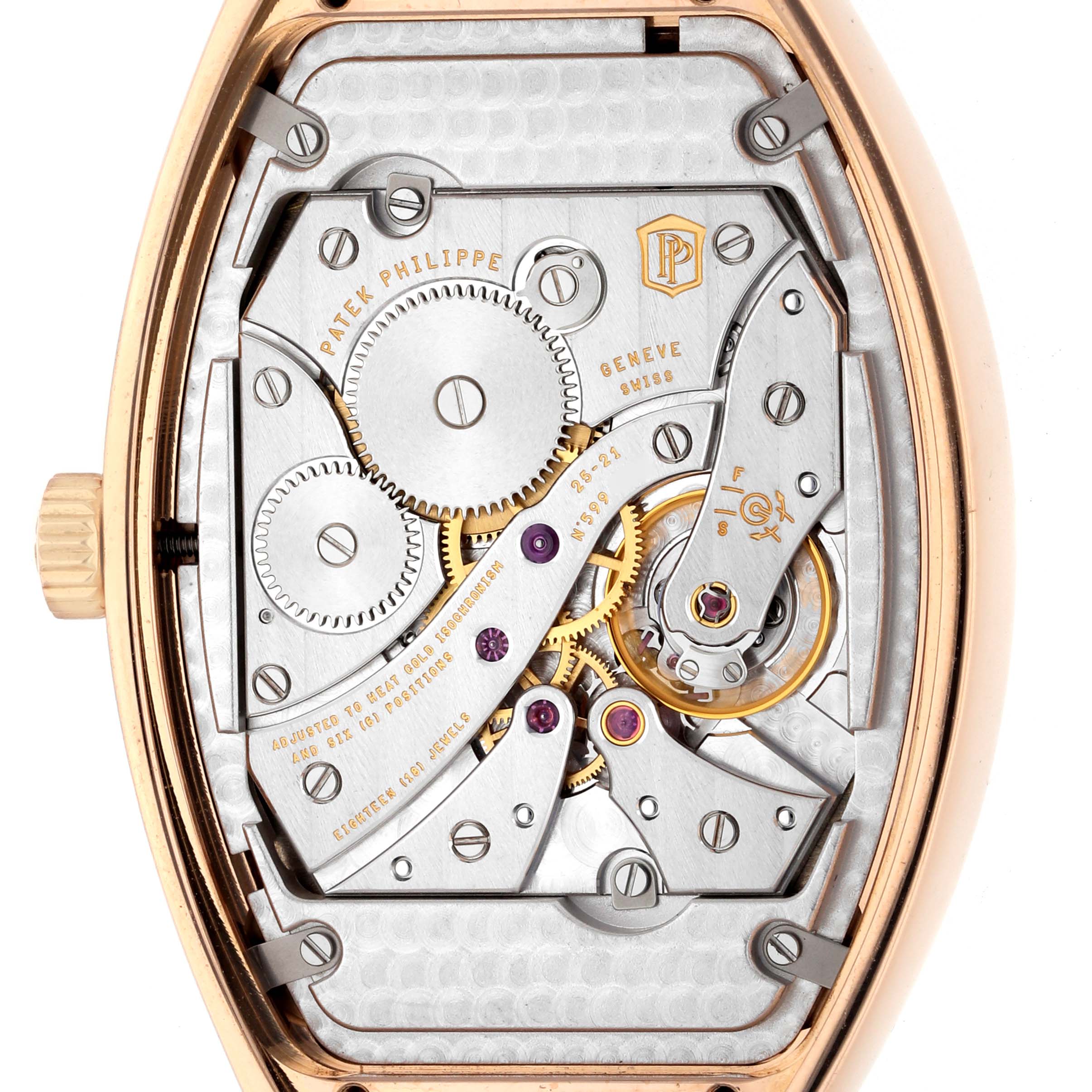 The image shows the back of a Patek Philippe Gondolo 5098R Men's Rose Gold Silver Dial, highlighting its mechanical movement and internal components.