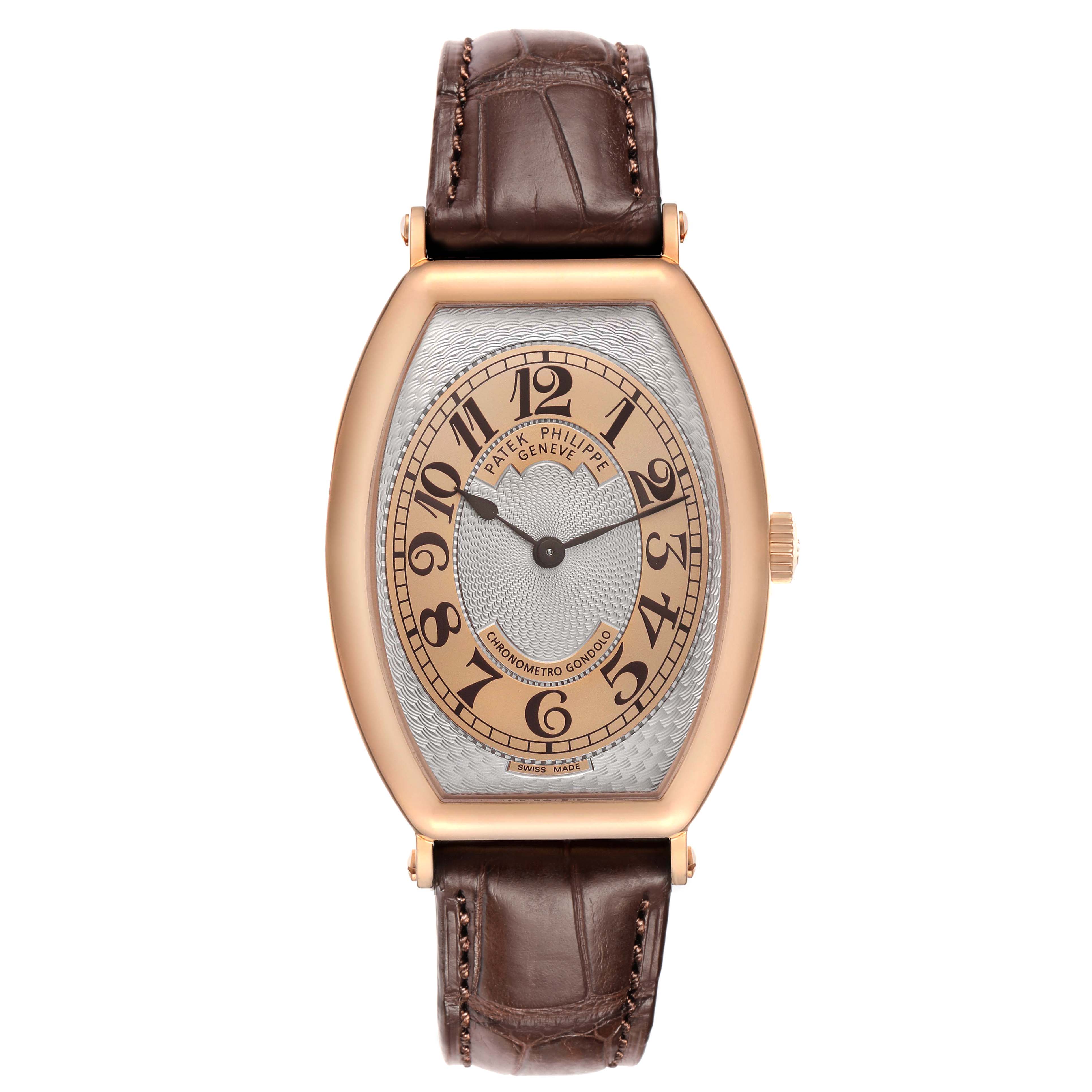 The Patek Philippe Gondolo 5098R Men's Rose Gold Silver Dial watch is shown from a top-down view, displaying its dial, case, and strap.