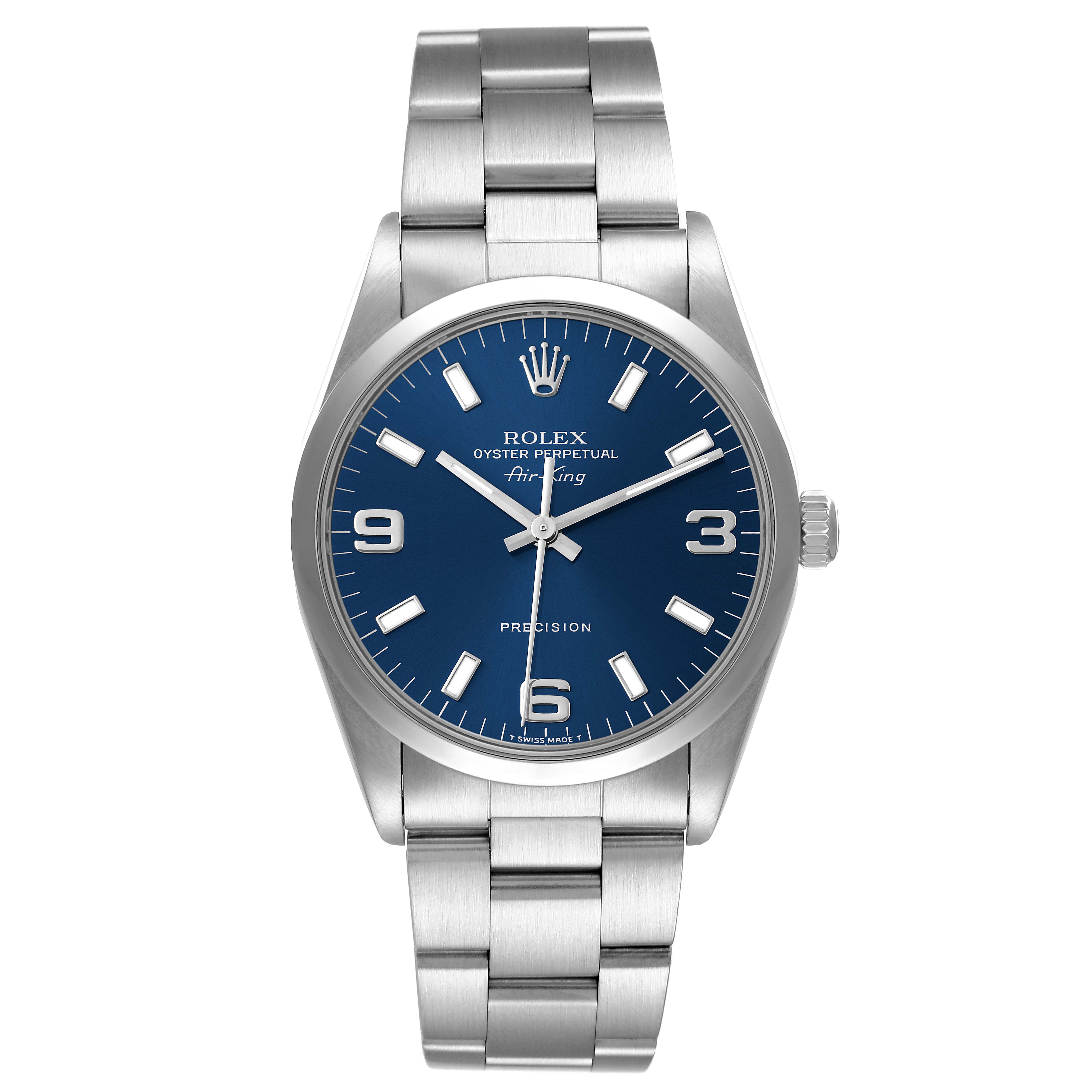 This image shows a frontal view of the Rolex Air-King 14000 Men's Stainless Steel Blue Dial 14000 Men's Stainless Steel Blue Dial watch, highlighting its dial, bracelet, and crown.