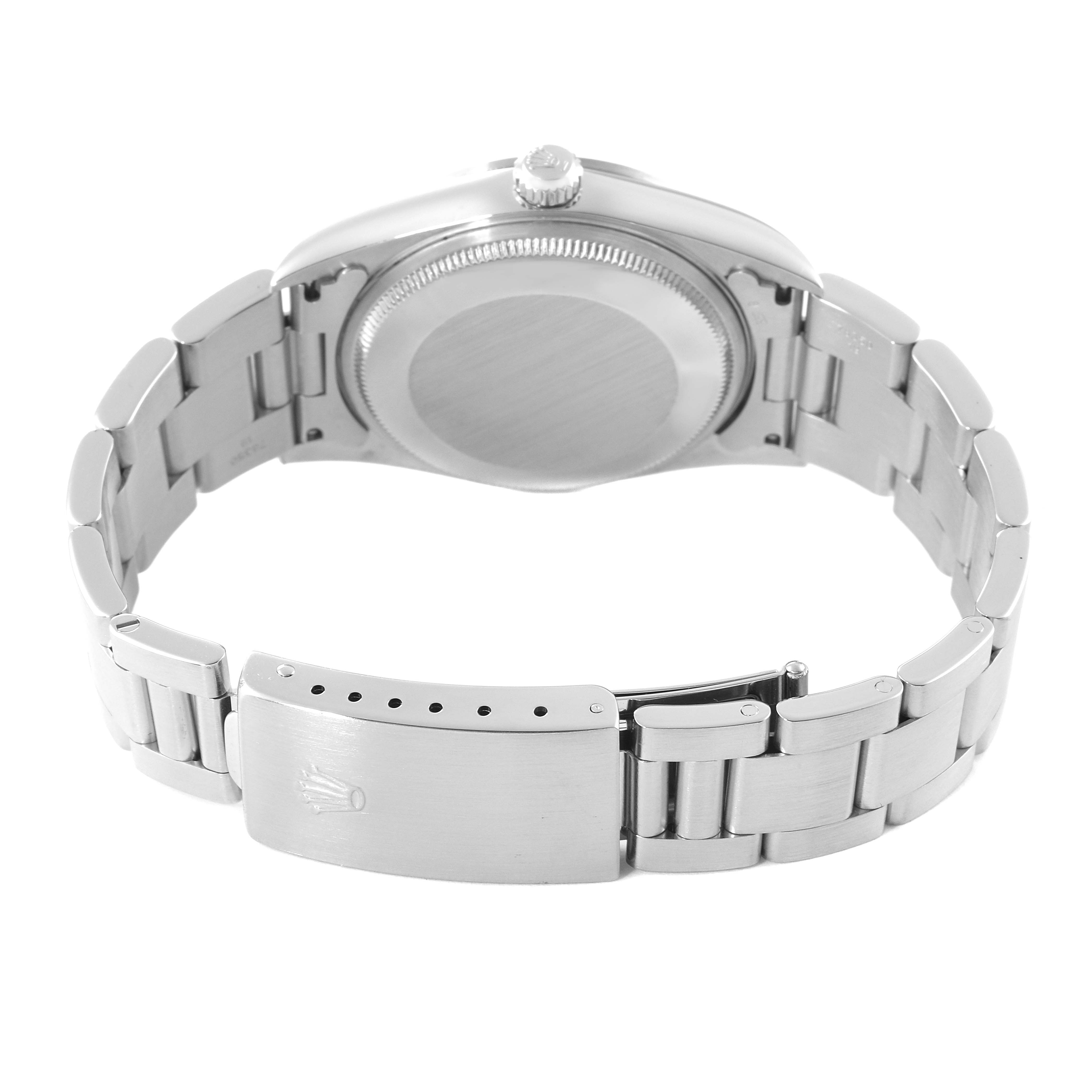 The image shows the back side of a Rolex Air-King 14000 Men's Stainless Steel Blue Dial 14000 Men's Stainless Steel Blue Dial watch, highlighting the closed clasp and the brushed metal bracelet.