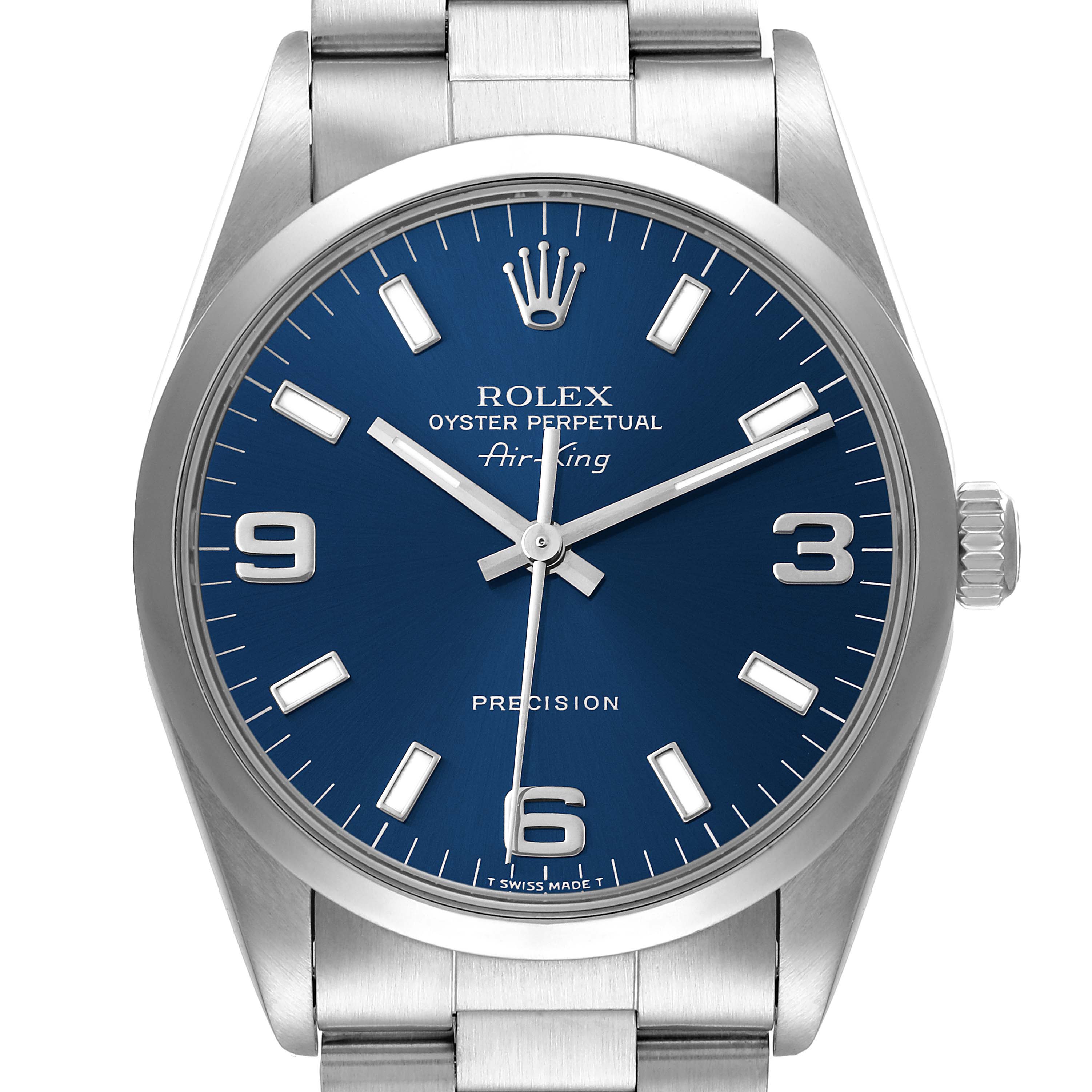 The image shows a front view of the Rolex Air-King 14000 Men's Stainless Steel Blue Dial 14000 Men's Stainless Steel Blue Dial watch, highlighting the blue dial, crown, and part of the bracelet.