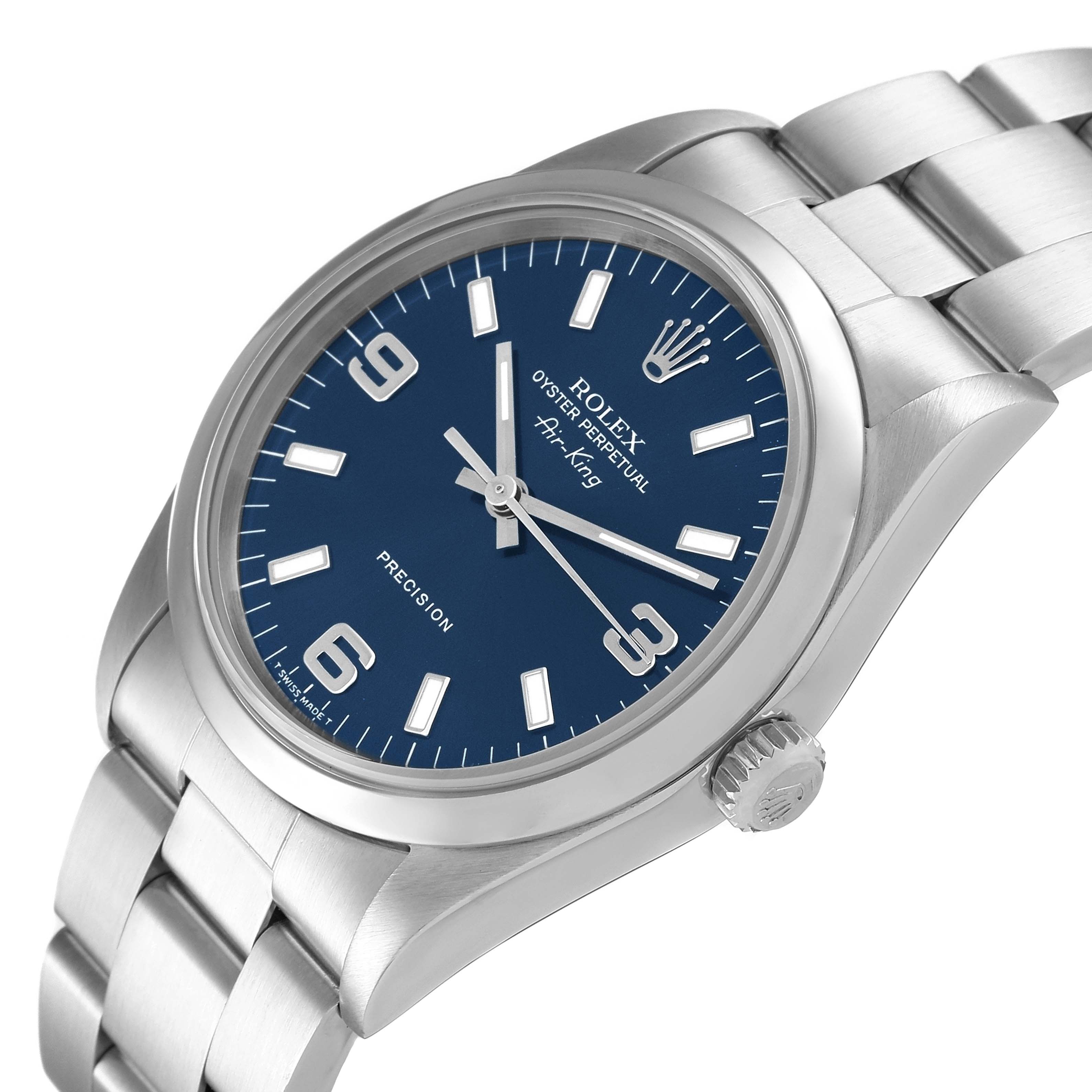 This image shows a Rolex Air-King 14000 Men's Stainless Steel Blue Dial 14000 Men's Stainless Steel Blue Dial watch from an angled side view, highlighting the face, bezel, bracelet, and crown.