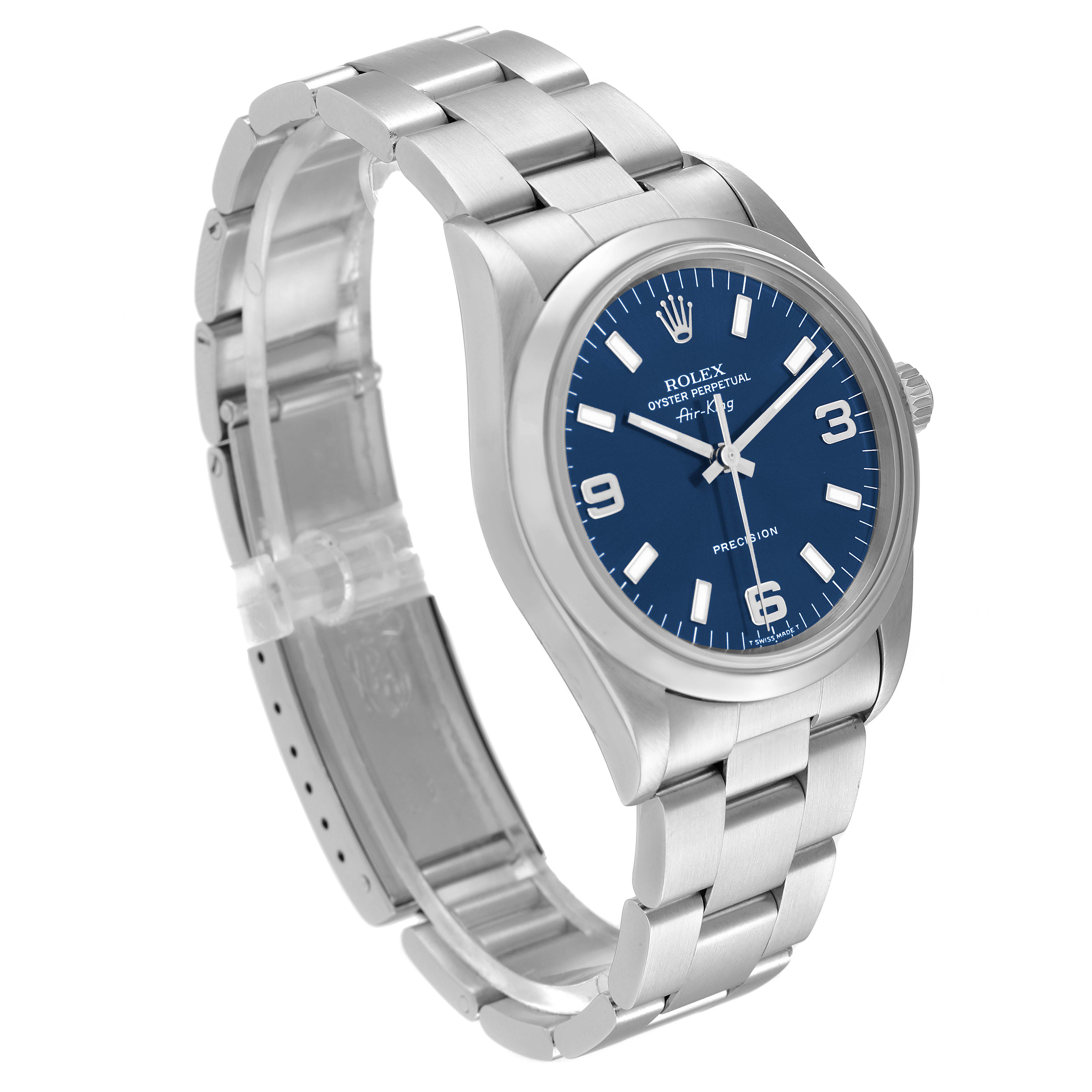 This Rolex Air-King 14000 Men's Stainless Steel Blue Dial 14000 Men's Stainless Steel Blue Dial model watch is shown at a three-quarter angle, highlighting the dial, bezel, crown, and bracelet.