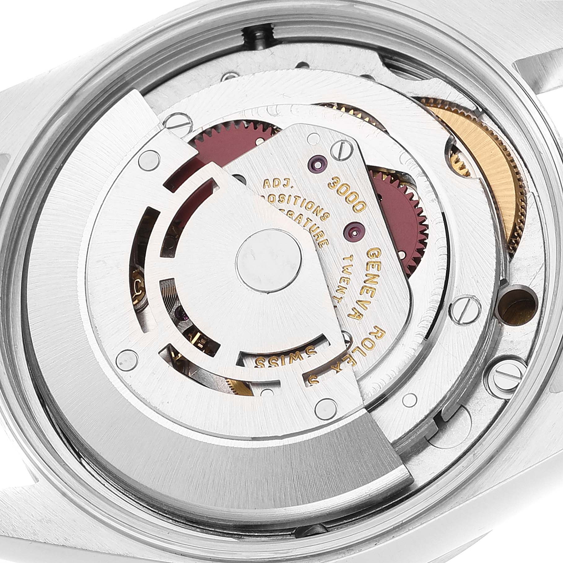 The image shows the movement and inner mechanics of a Rolex Air-King 14000 Men's Stainless Steel Blue Dial 14000 Men's Stainless Steel Blue Dial watch from a close-up angle.