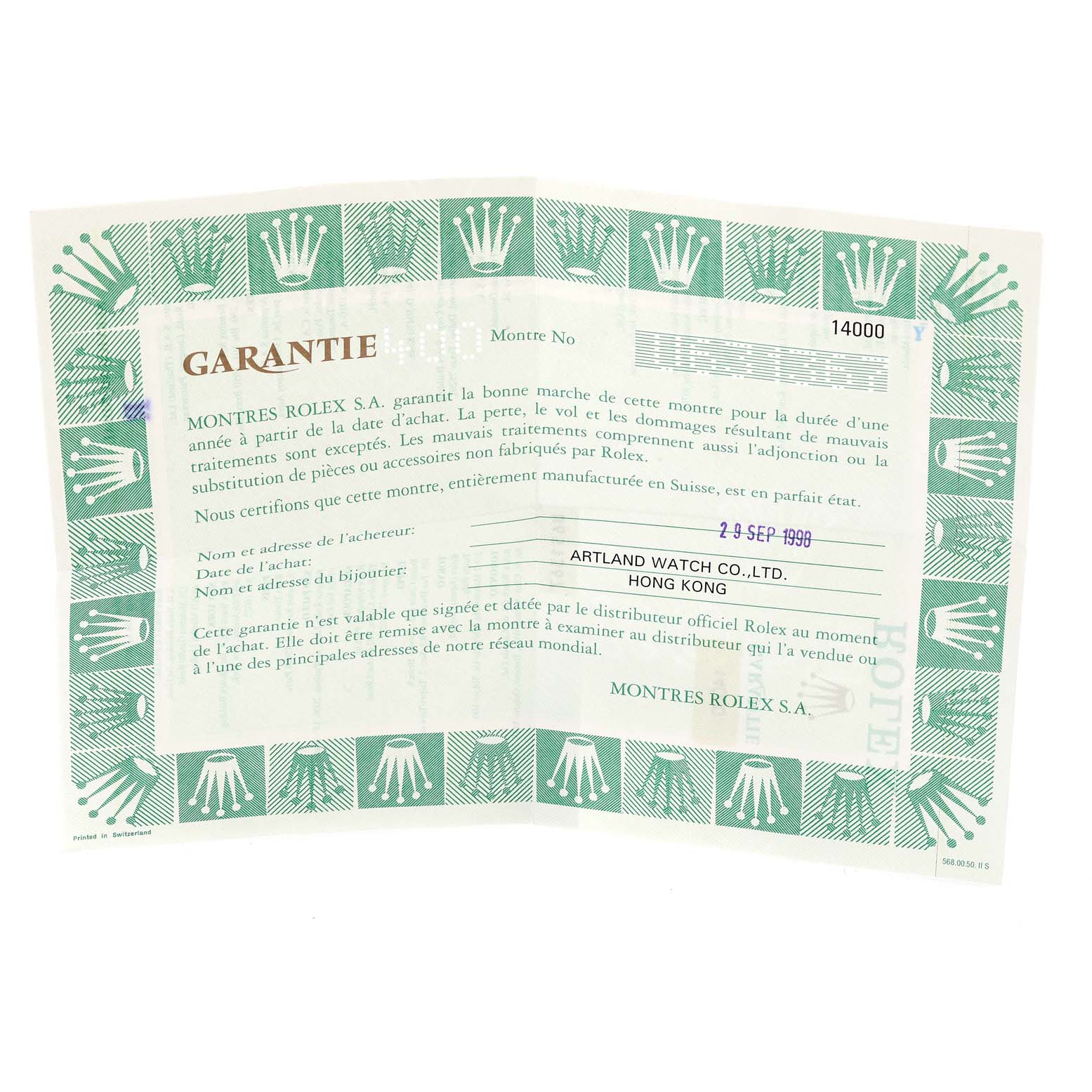 The image shows the warranty card for a Rolex Air-King 14000 Men's Stainless Steel Blue Dial 14000 Men's Stainless Steel Blue Dial watch, detailing the certification and purchase information.