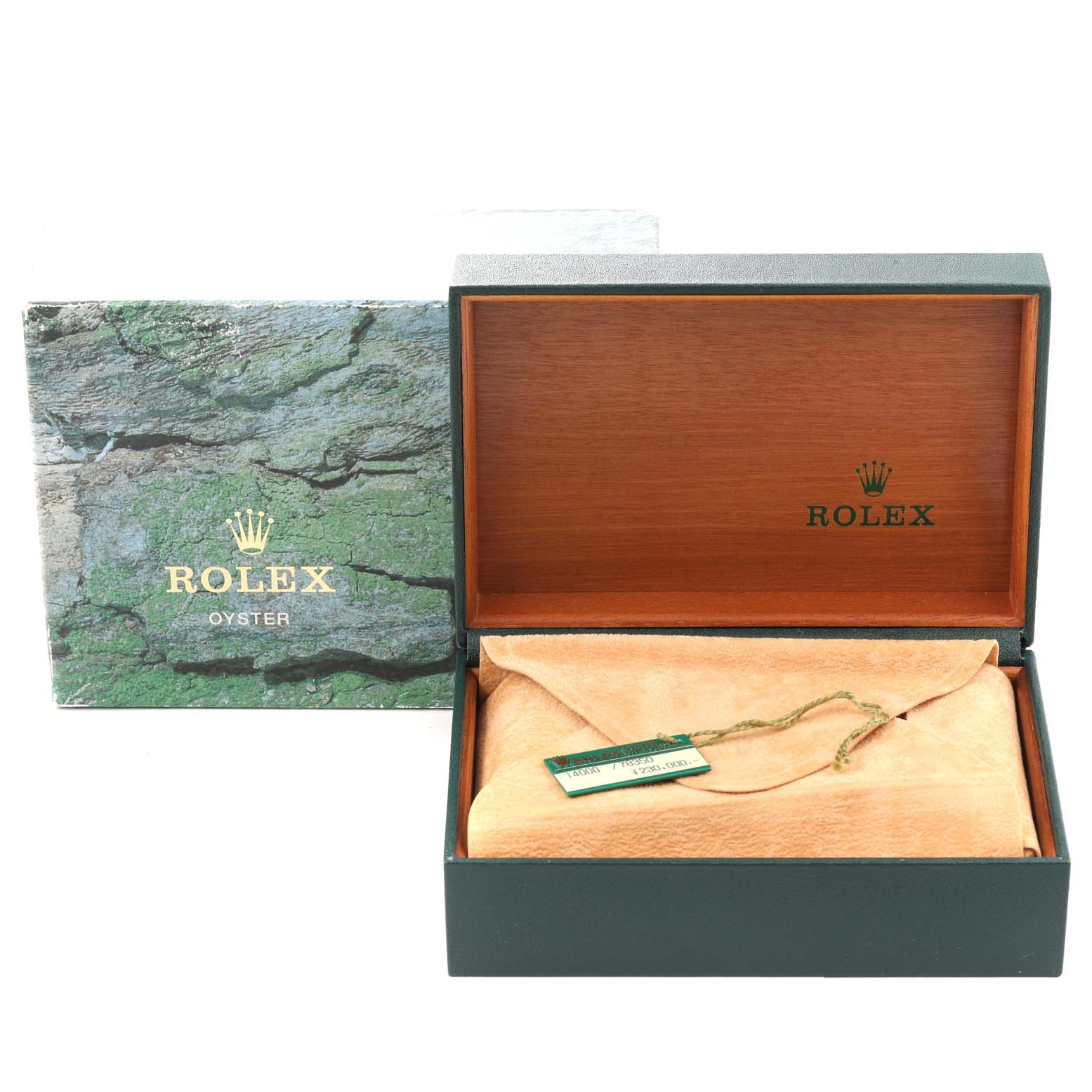 The image shows the open box and packaging for a Rolex Air-King 14000 Men's Stainless Steel Blue Dial 14000 Men's Stainless Steel Blue Dial watch, including the outer box, inner wooden box, and protective pouch.
